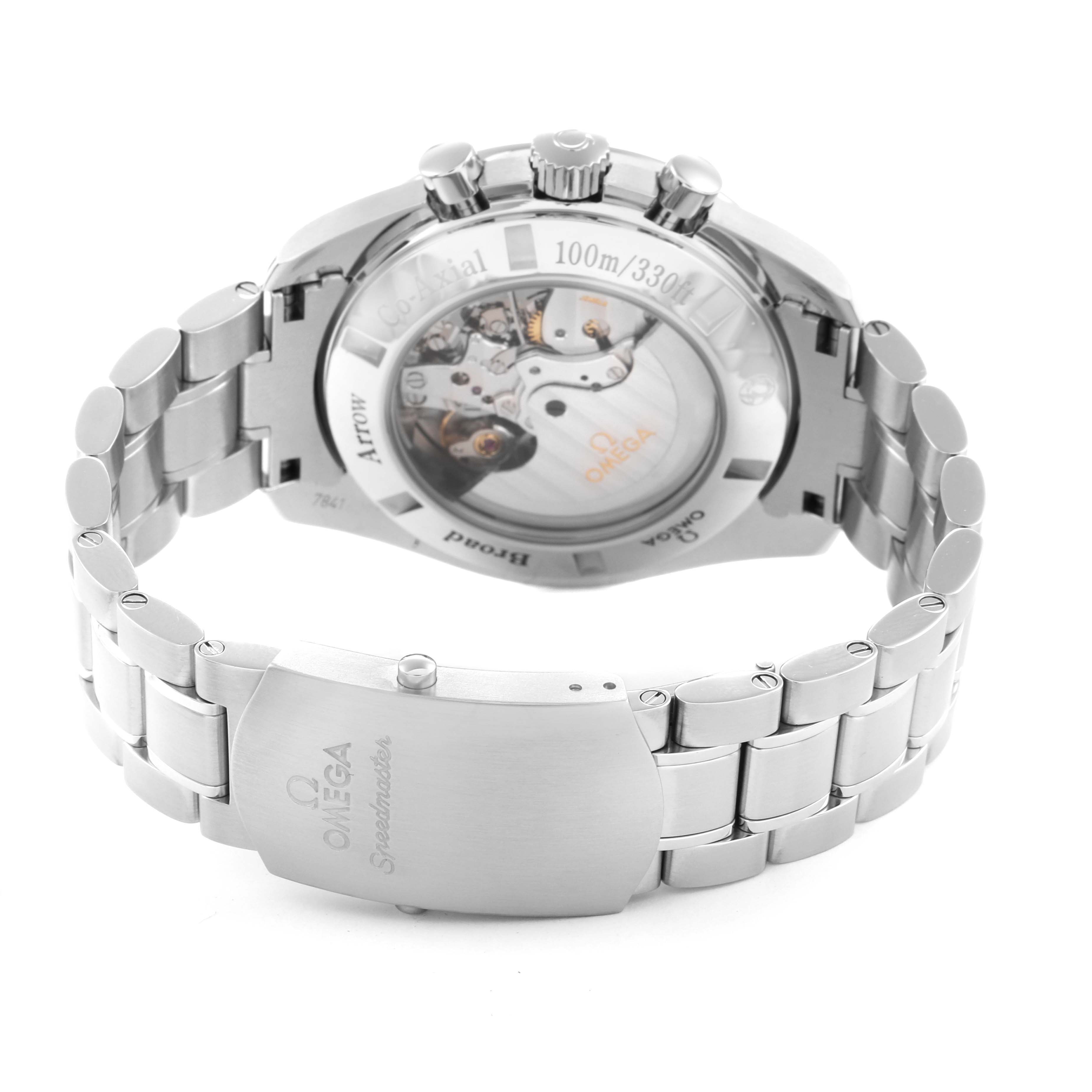 The Omega Speedmaster 321.10.44.50.01.001 Men
s Stainless Steel Black Dial 321.10.44.50.01.001 Men
s Stainless Steel Black Dial is shown from the back, displaying the transparent case back and metal bracelet with the clasp visible.