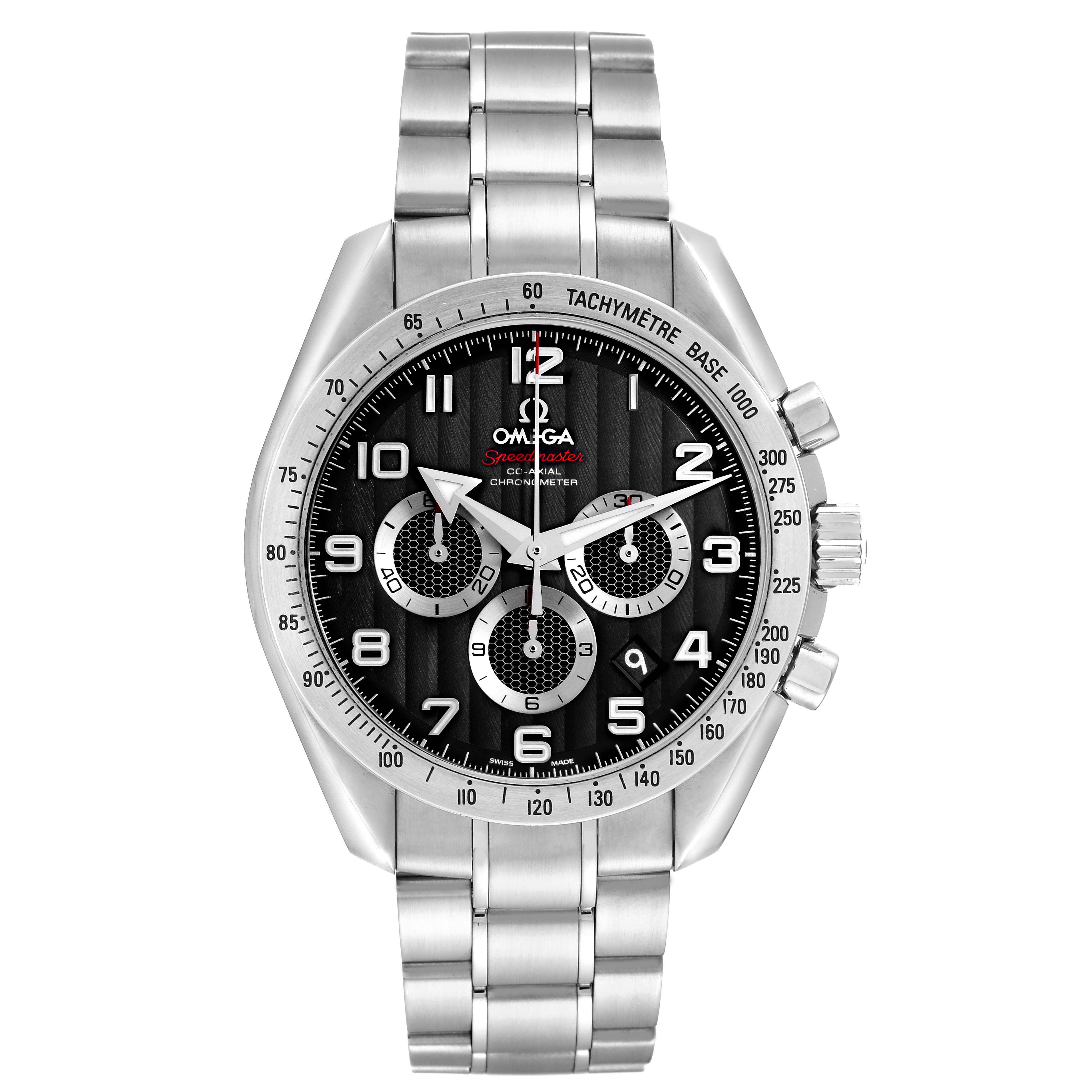The Omega Speedmaster 321.10.44.50.01.001 Men
s Stainless Steel Black Dial 321.10.44.50.01.001 Men
s Stainless Steel Black Dial is shown from the front, displaying its dial, tachymeter bezel, and metal bracelet.