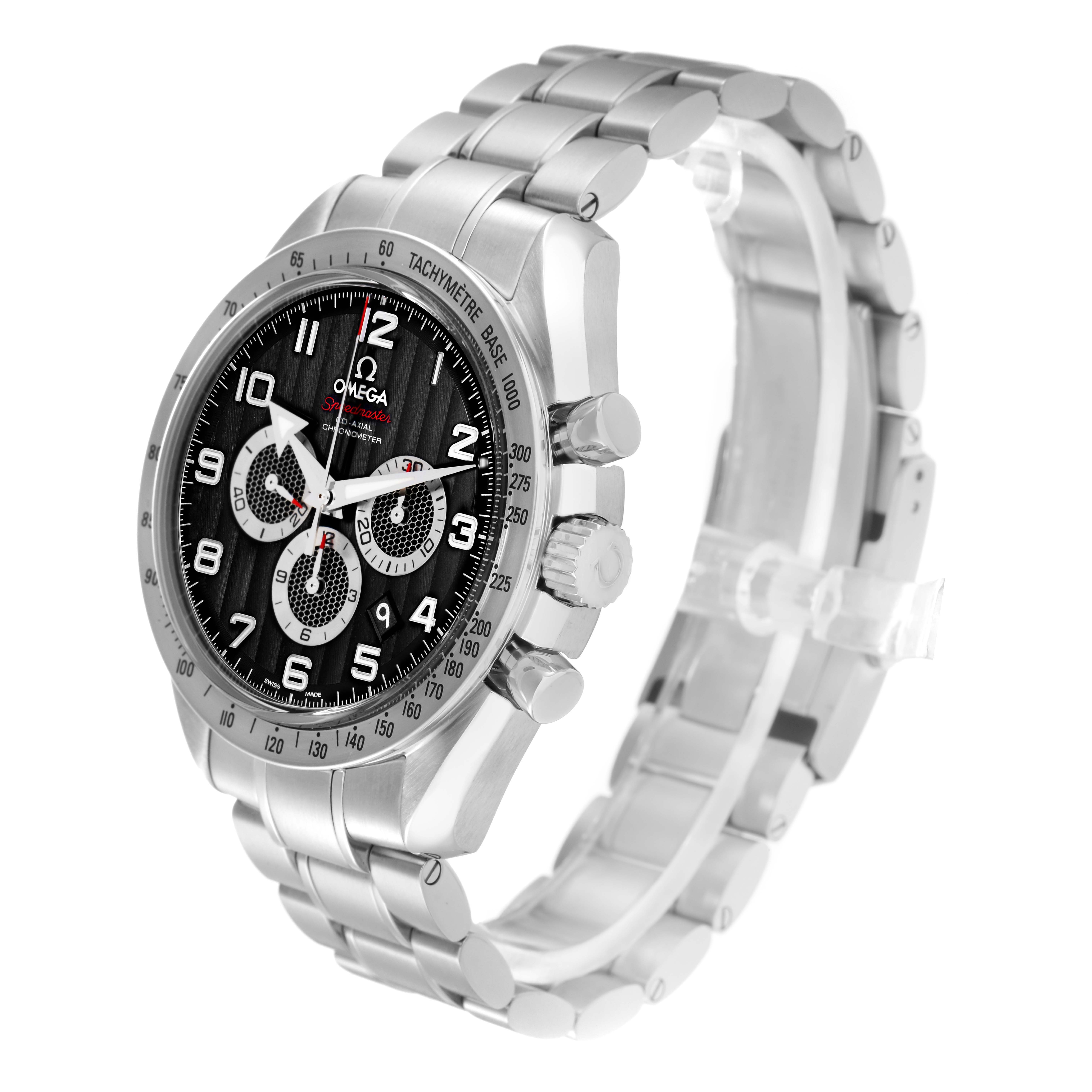 The Omega Speedmaster 321.10.44.50.01.001 Men
s Stainless Steel Black Dial 321.10.44.50.01.001 Men
s Stainless Steel Black Dial watch is shown at a three-quarter angle, displaying the face, bezel, crown, pushers, and bracelet.