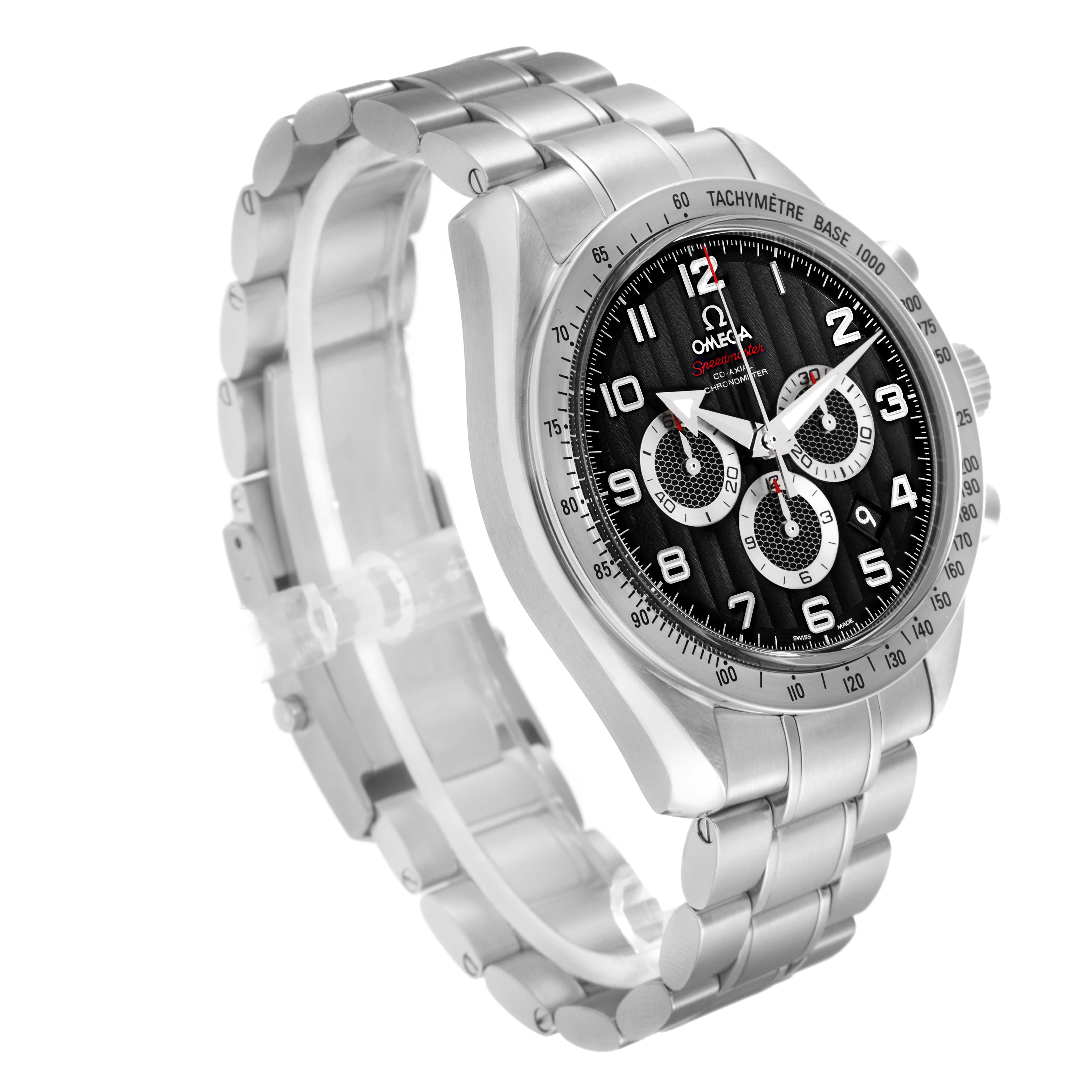 The Omega Speedmaster 321.10.44.50.01.001 Men
s Stainless Steel Black Dial 321.10.44.50.01.001 Men
s Stainless Steel Black Dial watch is shown at a slight angle, displaying its face, bezel, bracelet, and side crown.