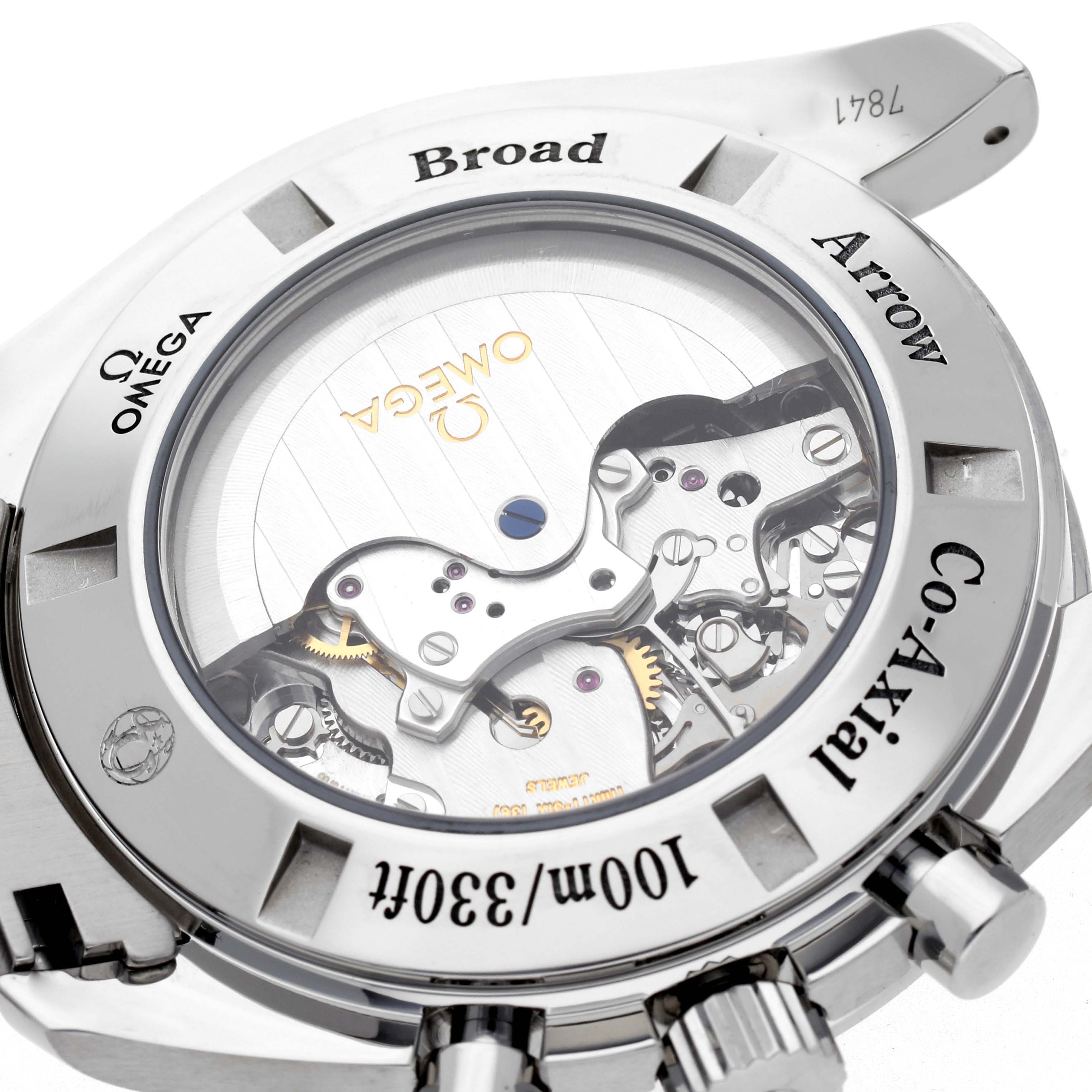 The image shows the back of an Omega Speedmaster 321.10.44.50.01.001 Men
s Stainless Steel Black Dial 321.10.44.50.01.001 Men
s Stainless Steel Black Dial, highlighting its movement through a transparent case back.