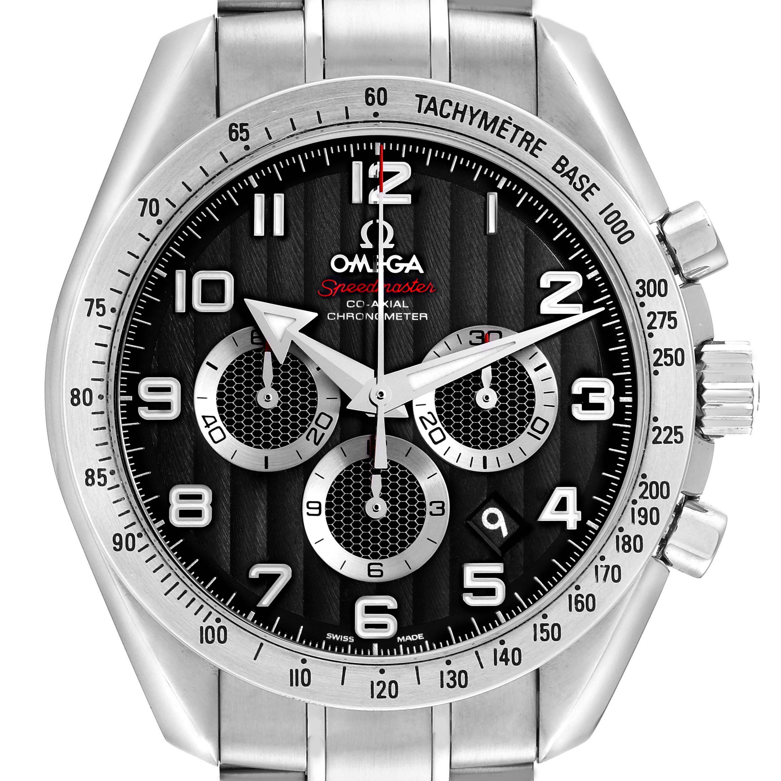 The Omega Speedmaster 321.10.44.50.01.001 Men
s Stainless Steel Black Dial 321.10.44.50.01.001 Men
s Stainless Steel Black Dial watch is shown from the front, displaying the dial, tachymeter bezel, pushers, and part of the bracelet.