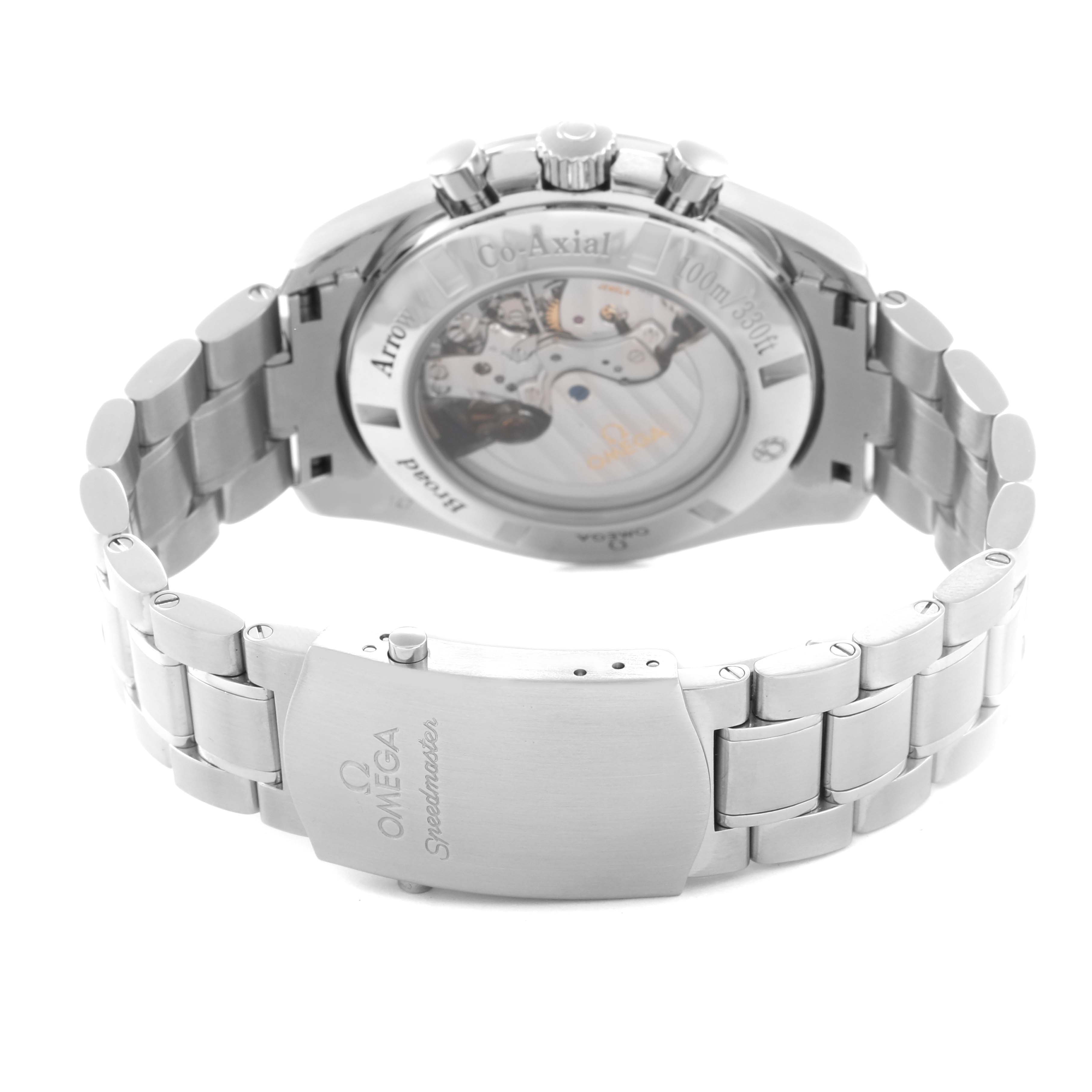 The Omega Speedmaster 321.10.44.50.02.001 Men
s Stainless Steel Silver Dial 321.10.44.50.02.001 Men
s Stainless Steel Silver Dial watch is shown from the back, highlighting the transparent case back and the metal bracelet.