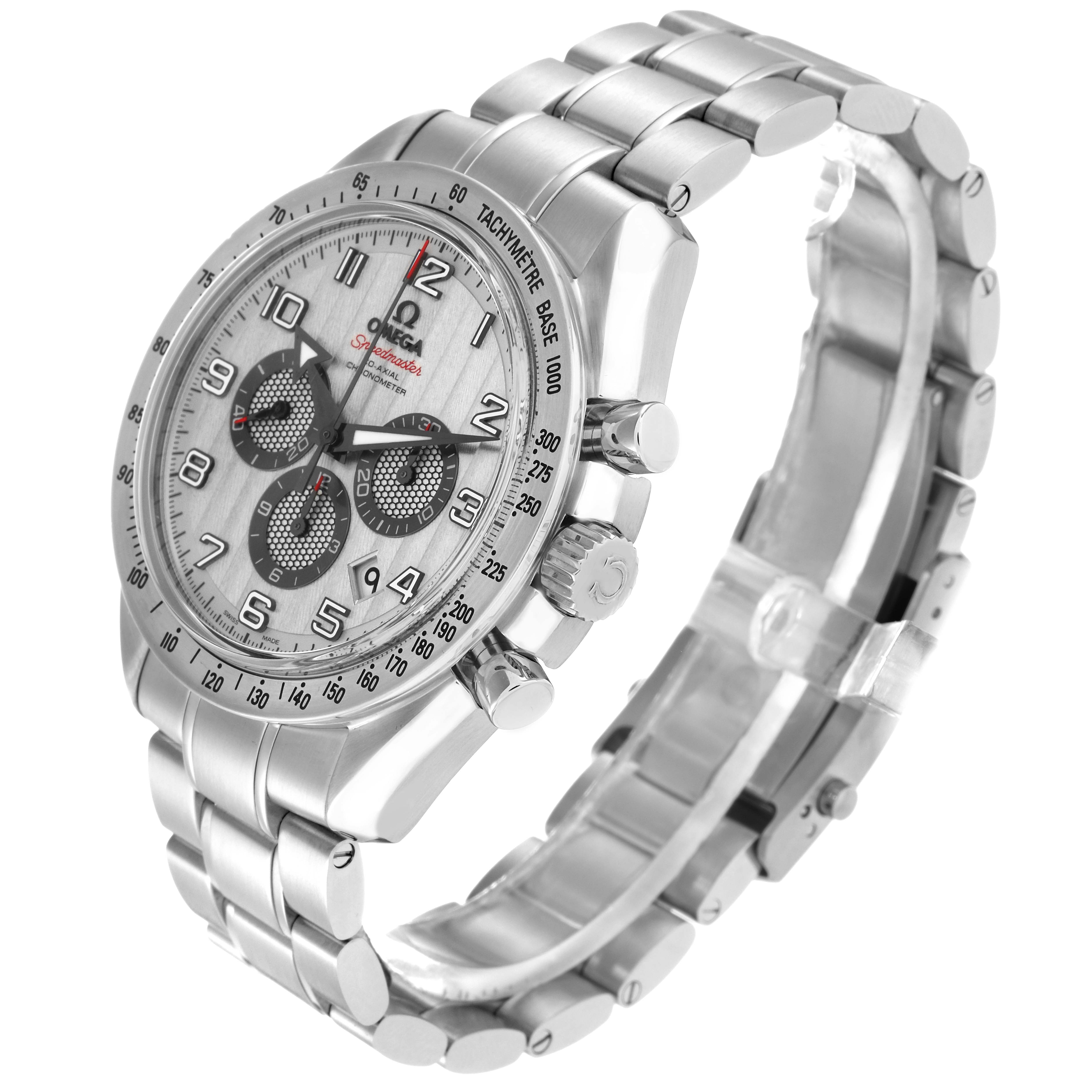 The Omega Speedmaster 321.10.44.50.02.001 Men
s Stainless Steel Silver Dial 321.10.44.50.02.001 Men
s Stainless Steel Silver Dial watch is shown at an angle displaying the face, bezel, pushers, and stainless steel bracelet.