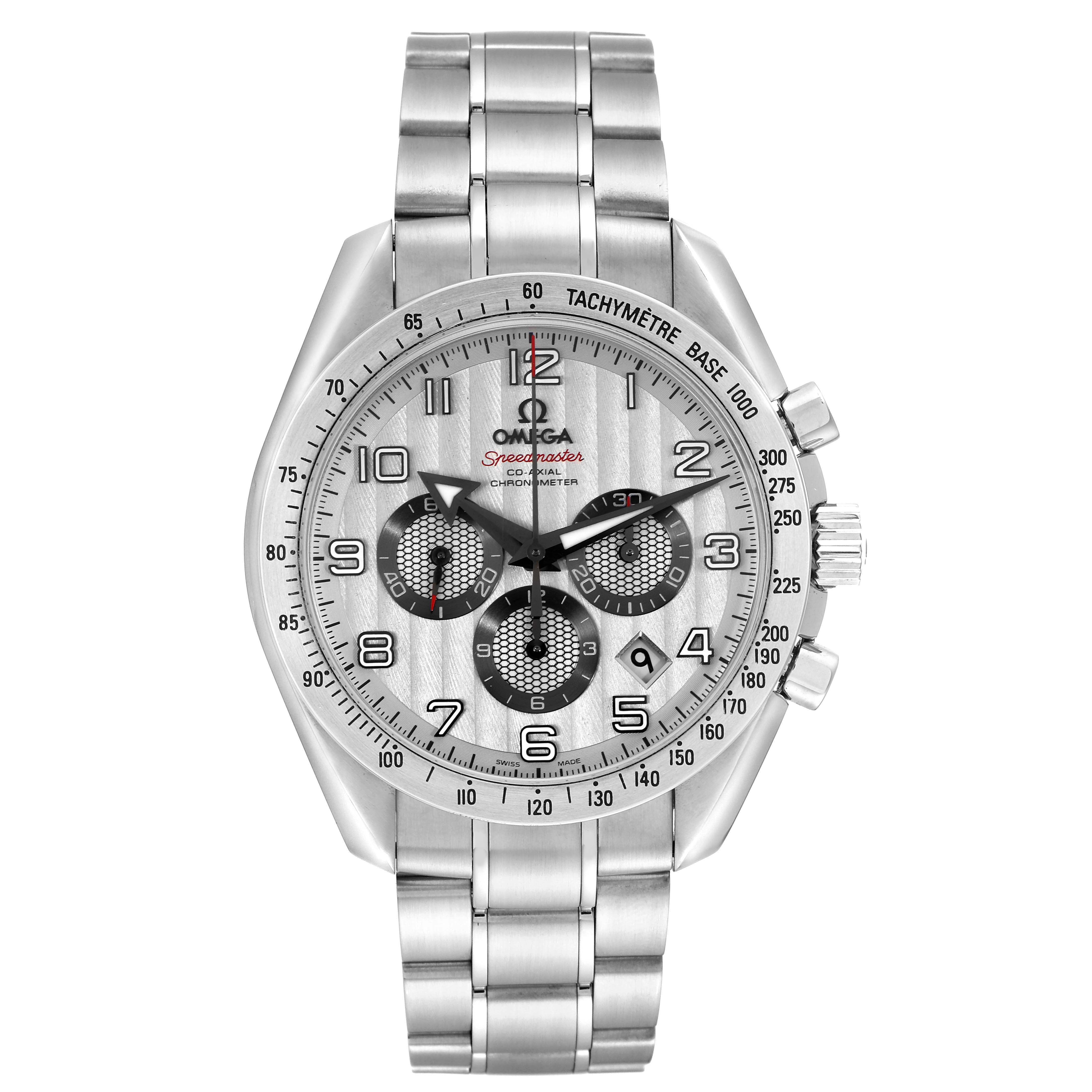 The Omega Speedmaster 321.10.44.50.02.001 Men
s Stainless Steel Silver Dial 321.10.44.50.02.001 Men
s Stainless Steel Silver Dial model is shown from a front angle, displaying its face, dial, tachymeter, and bracelet.