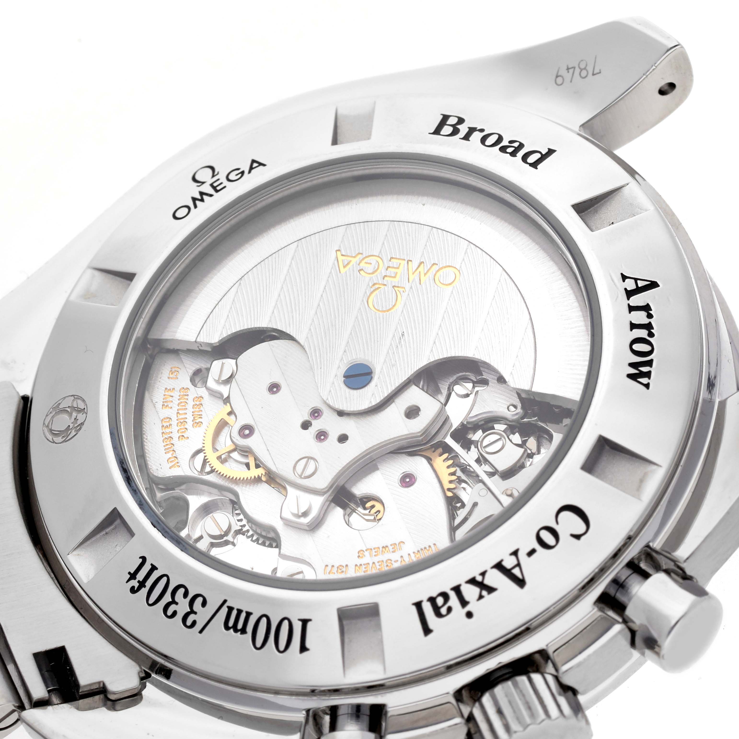 The Omega Speedmaster 321.10.44.50.02.001 Men
s Stainless Steel Silver Dial 321.10.44.50.02.001 Men
s Stainless Steel Silver Dial is shown from the back, highlighting its movement through a transparent case back.