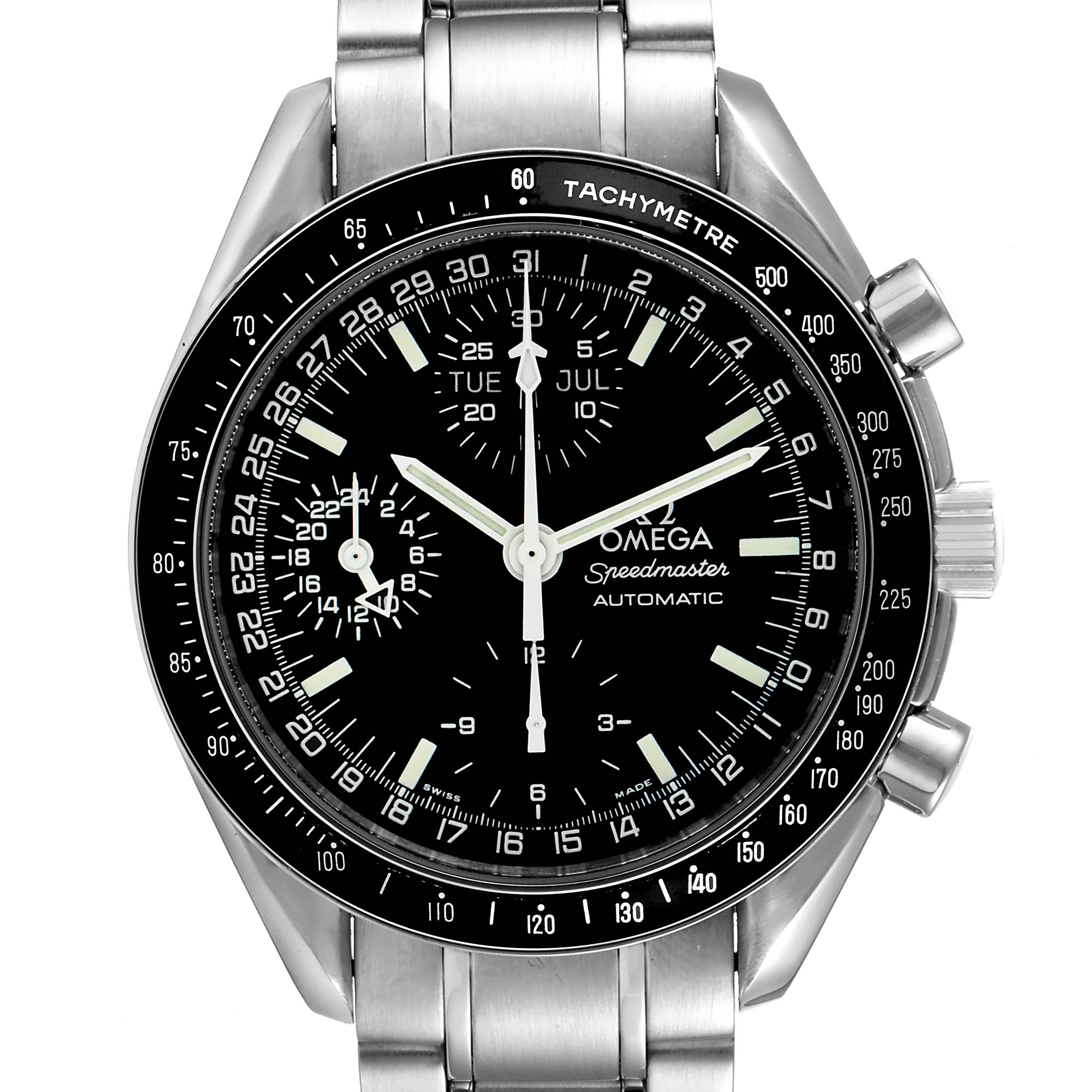 This image shows a front view of an Omega Speedmaster 3520.50.00 Men
s Stainless Steel Black Dial 3520.50.00 Men
s Stainless Steel Black Dial watch, highlighting the dial, hands, subdials, and tachymeter bezel.