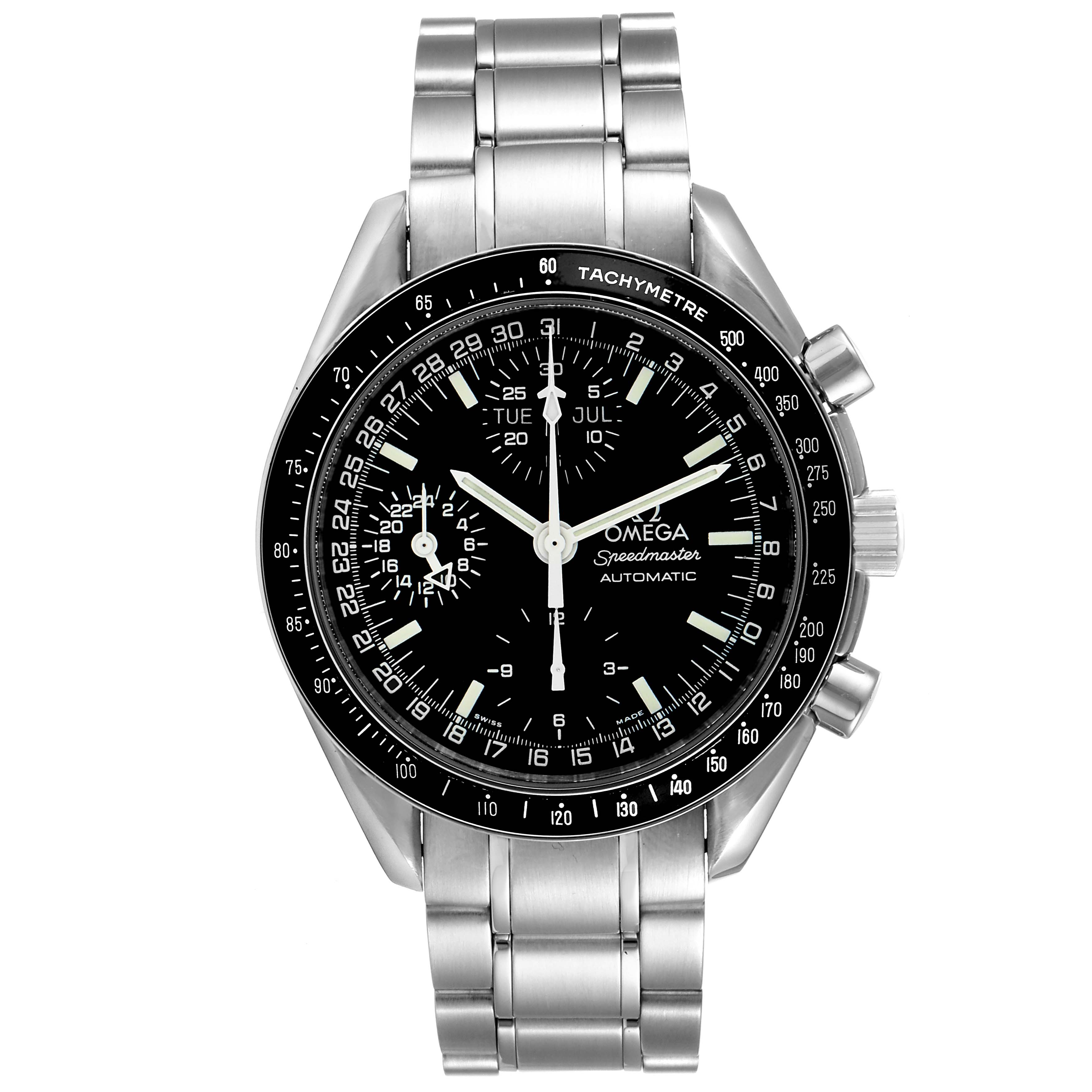 The image shows a front view of the Omega Speedmaster 3520.50.00 Men
s Stainless Steel Black Dial 3520.50.00 Men
s Stainless Steel Black Dial watch, displaying its dial, tachymeter, and stainless steel bracelet.