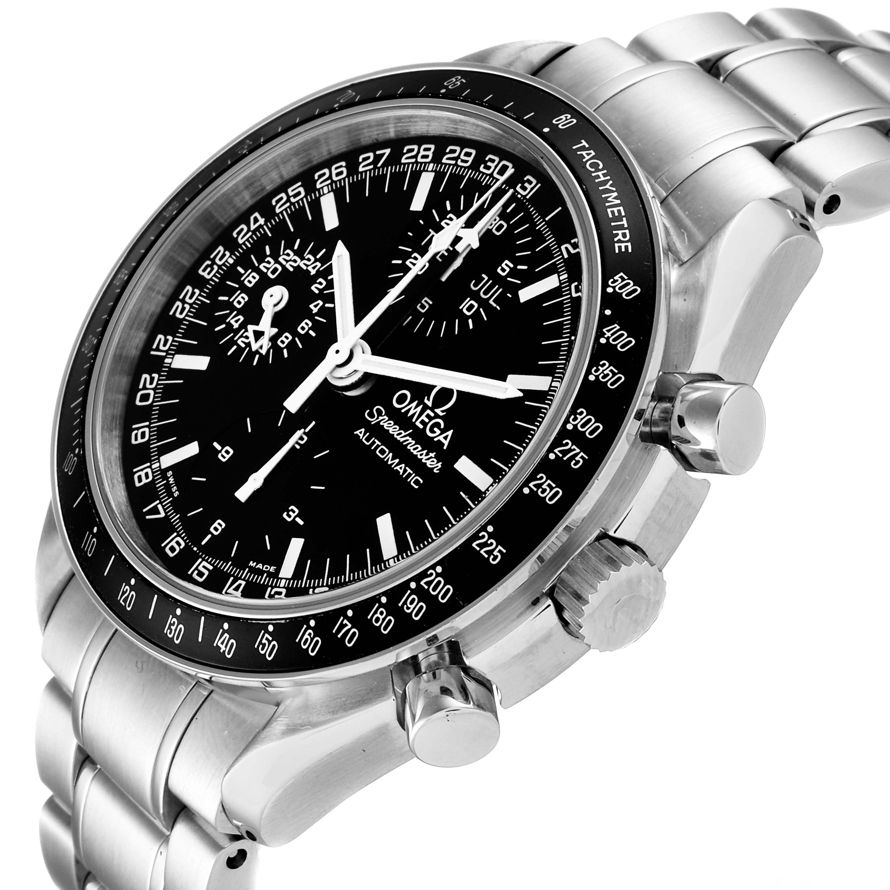The image shows a close-up side angle of an Omega Speedmaster 3520.50.00 Men
s Stainless Steel Black Dial 3520.50.00 Men
s Stainless Steel Black Dial watch, featuring the dial, bezel, and pushers.