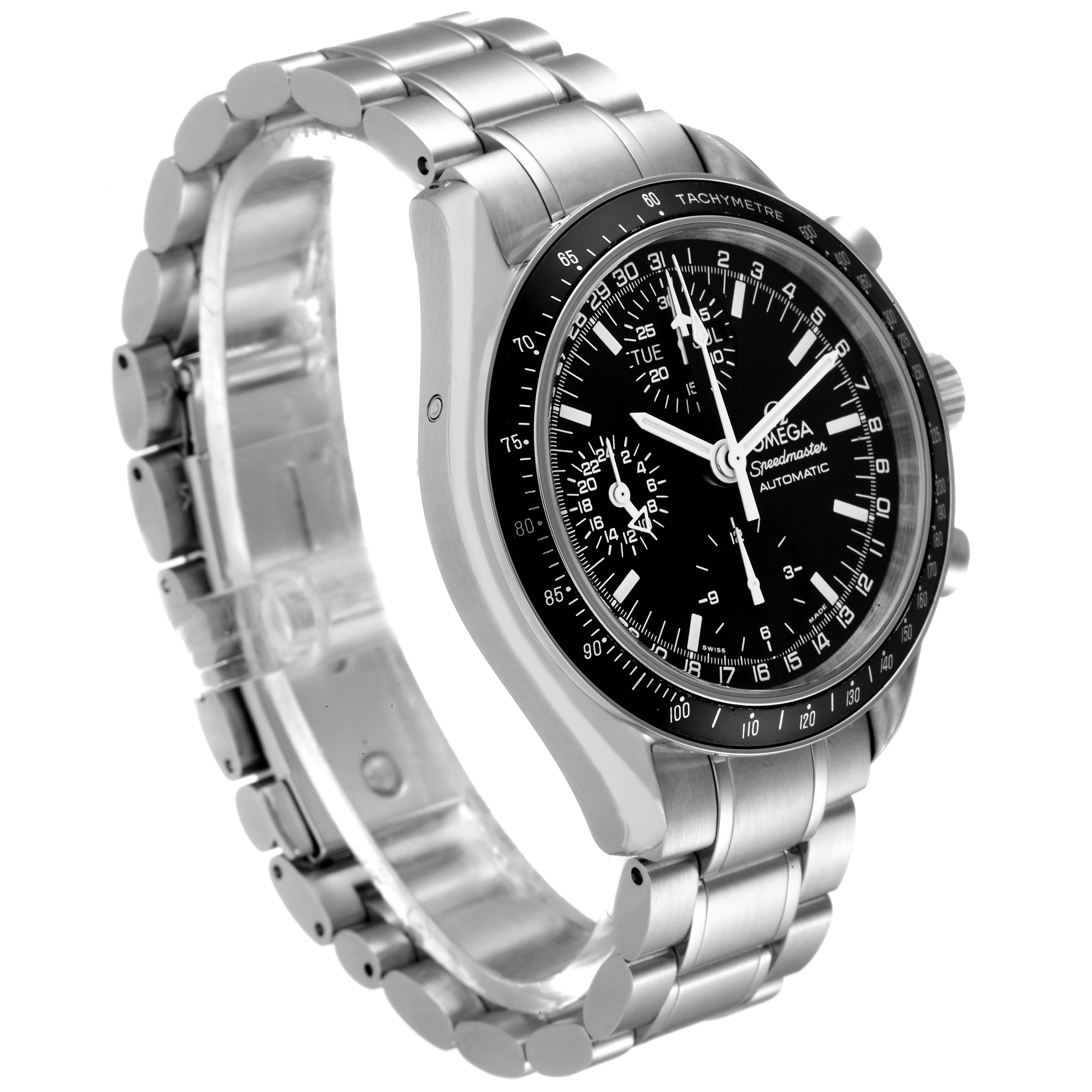 The Omega Speedmaster 3520.50.00 Men
s Stainless Steel Black Dial 3520.50.00 Men
s Stainless Steel Black Dial watch is shown at an oblique angle highlighting its dial, bezel, and metal bracelet.