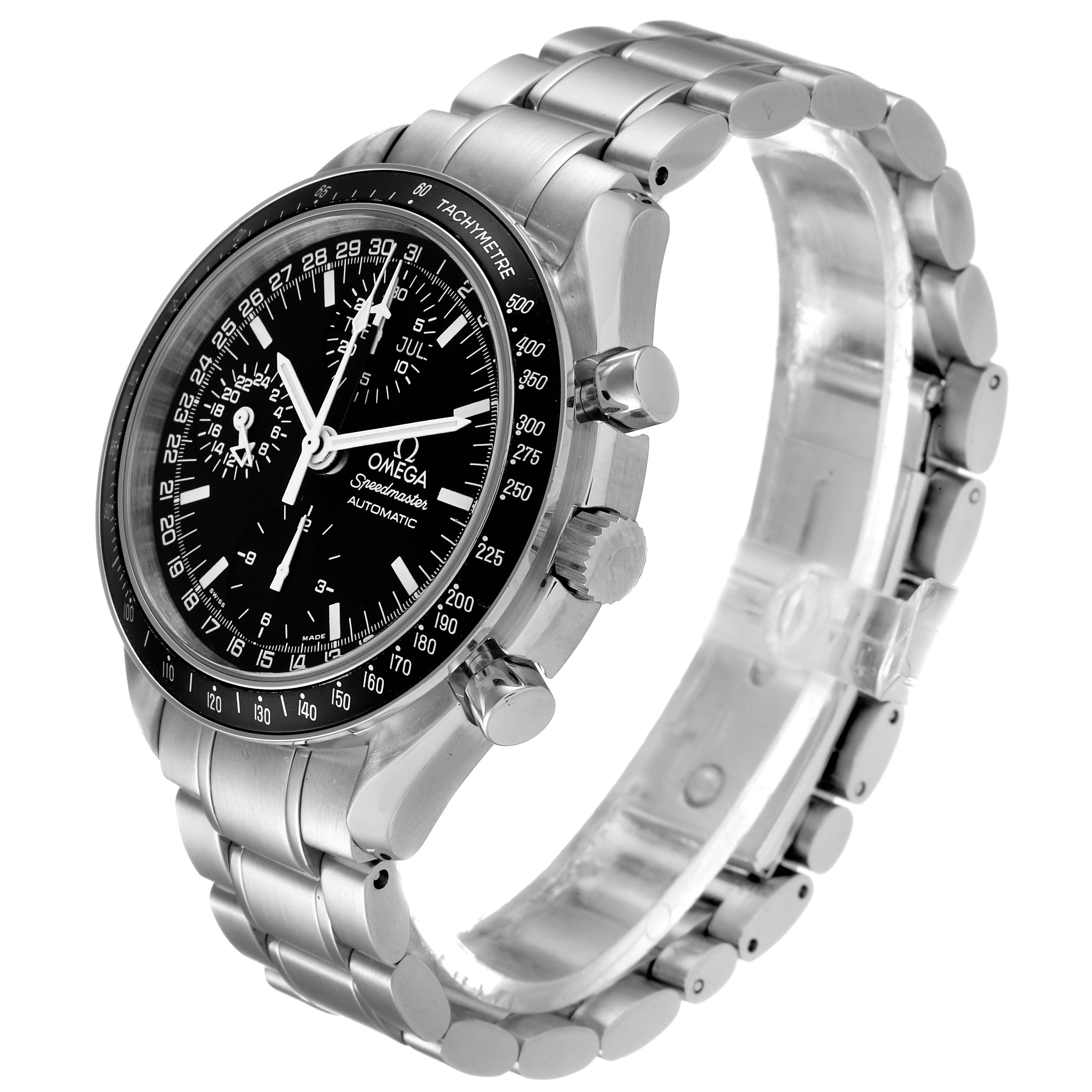 This image shows an Omega Speedmaster 3520.50.00 Men
s Stainless Steel Black Dial 3520.50.00 Men
s Stainless Steel Black Dial watch at an angled side view, highlighting the face, dial, bezel, crown, and band.