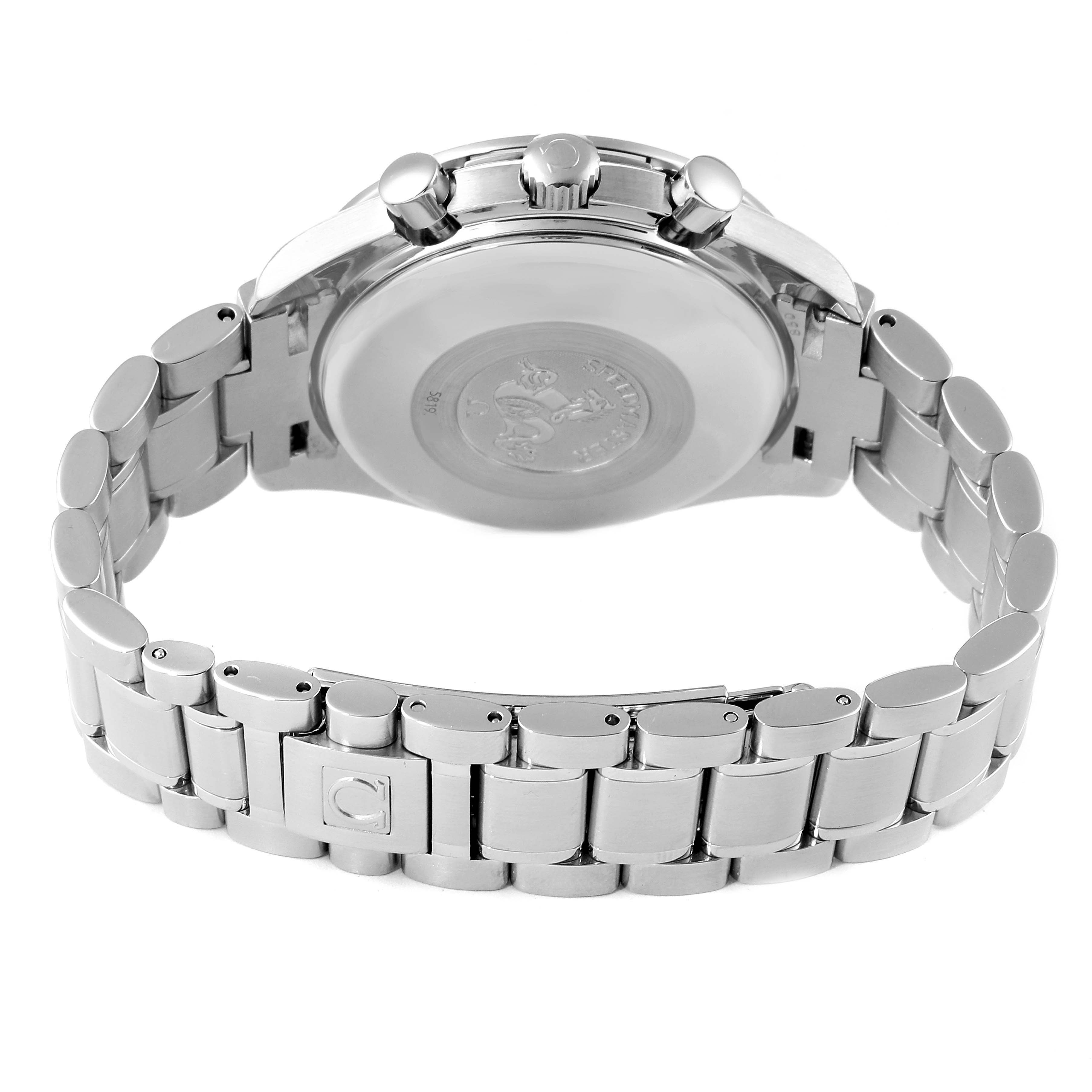 The image shows the back and bracelet of the Omega Speedmaster 3520.50.00 Men
s Stainless Steel Black Dial 3520.50.00 Men
s Stainless Steel Black Dial watch at a slight angle from behind.