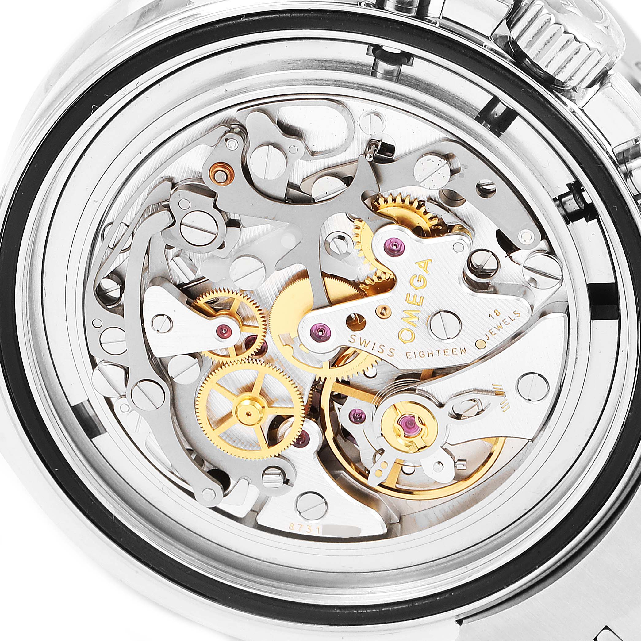 This image shows a close-up view of the Omega Speedmaster 311.30.42.30.01.005 Men
s Stainless Steel Black Dial 311.30.42.30.01.005 Men
s Stainless Steel Black Dial
s exposed watch movement and intricate internal mechanisms.