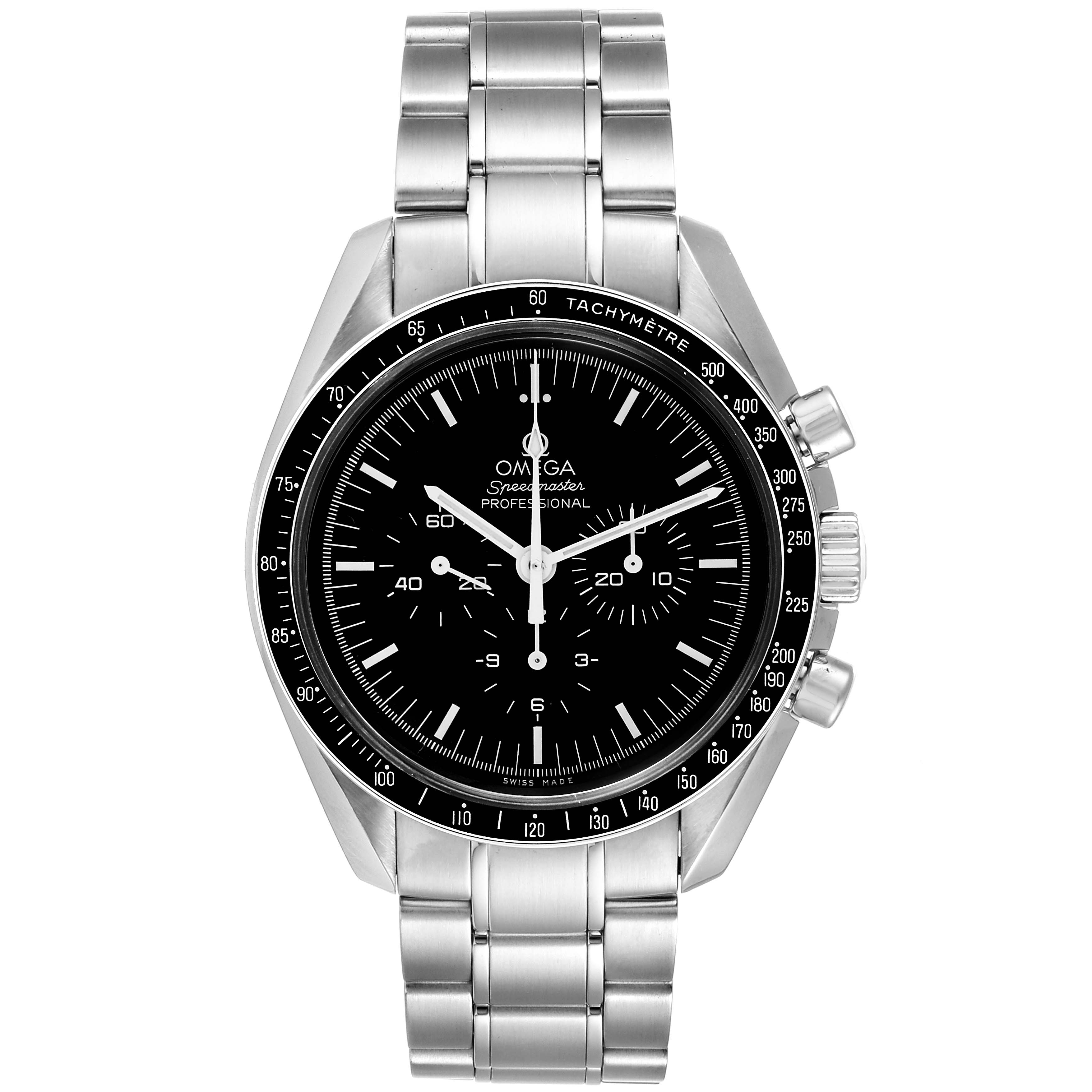 This image shows a front view of the Omega Speedmaster 311.30.42.30.01.005 Men
s Stainless Steel Black Dial 311.30.42.30.01.005 Men
s Stainless Steel Black Dial watch, displaying its dial, tachymeter bezel, and stainless steel bracelet.