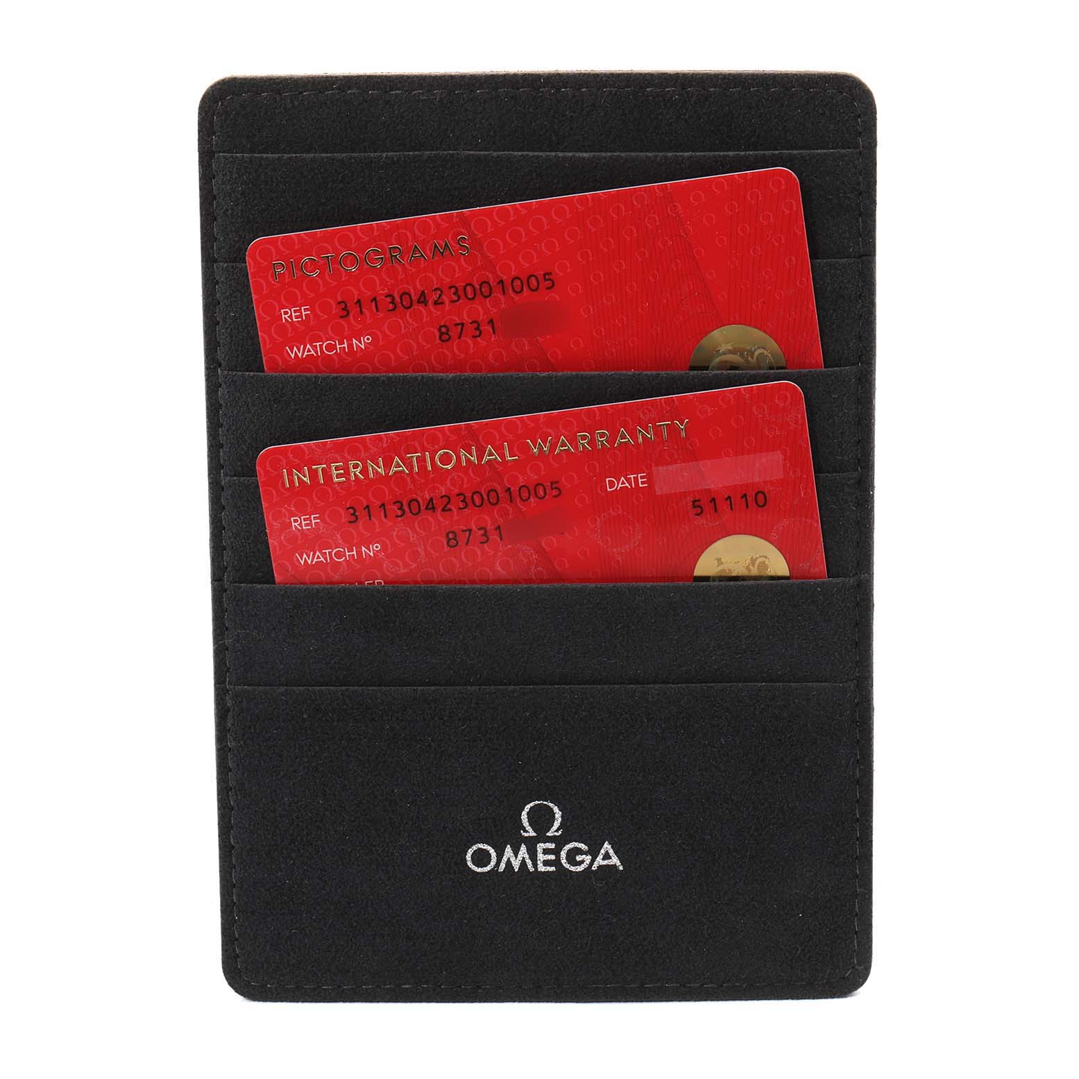 This image shows a black Omega cardholder containing warranty and pictograms cards for the Omega Speedmaster 311.30.42.30.01.005 Men
s Stainless Steel Black Dial 311.30.42.30.01.005 Men
s Stainless Steel Black Dial watch.