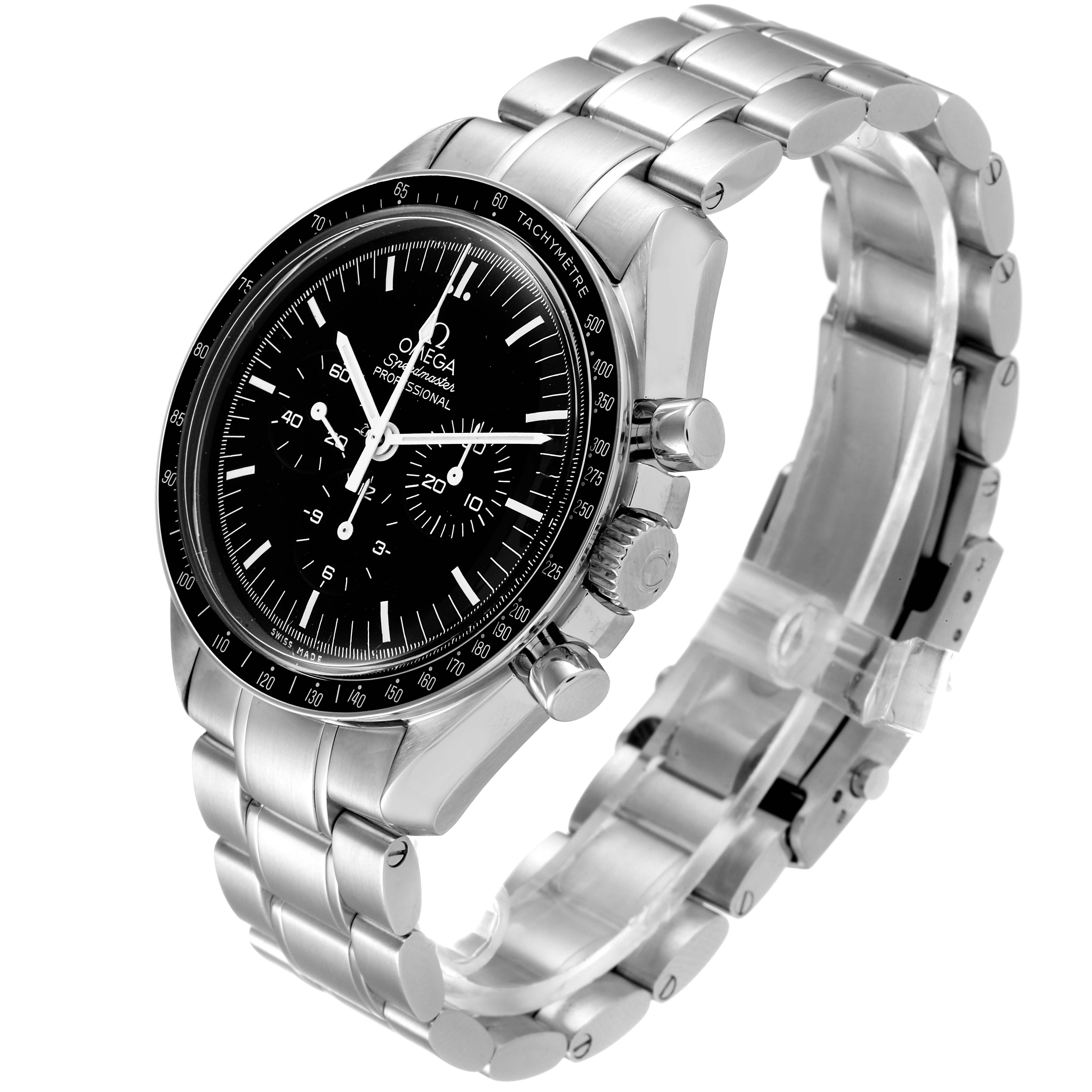 The Omega Speedmaster 311.30.42.30.01.005 Men
s Stainless Steel Black Dial 311.30.42.30.01.005 Men
s Stainless Steel Black Dial watch is shown at an oblique angle, highlighting its face, stainless steel bracelet, and pushers.