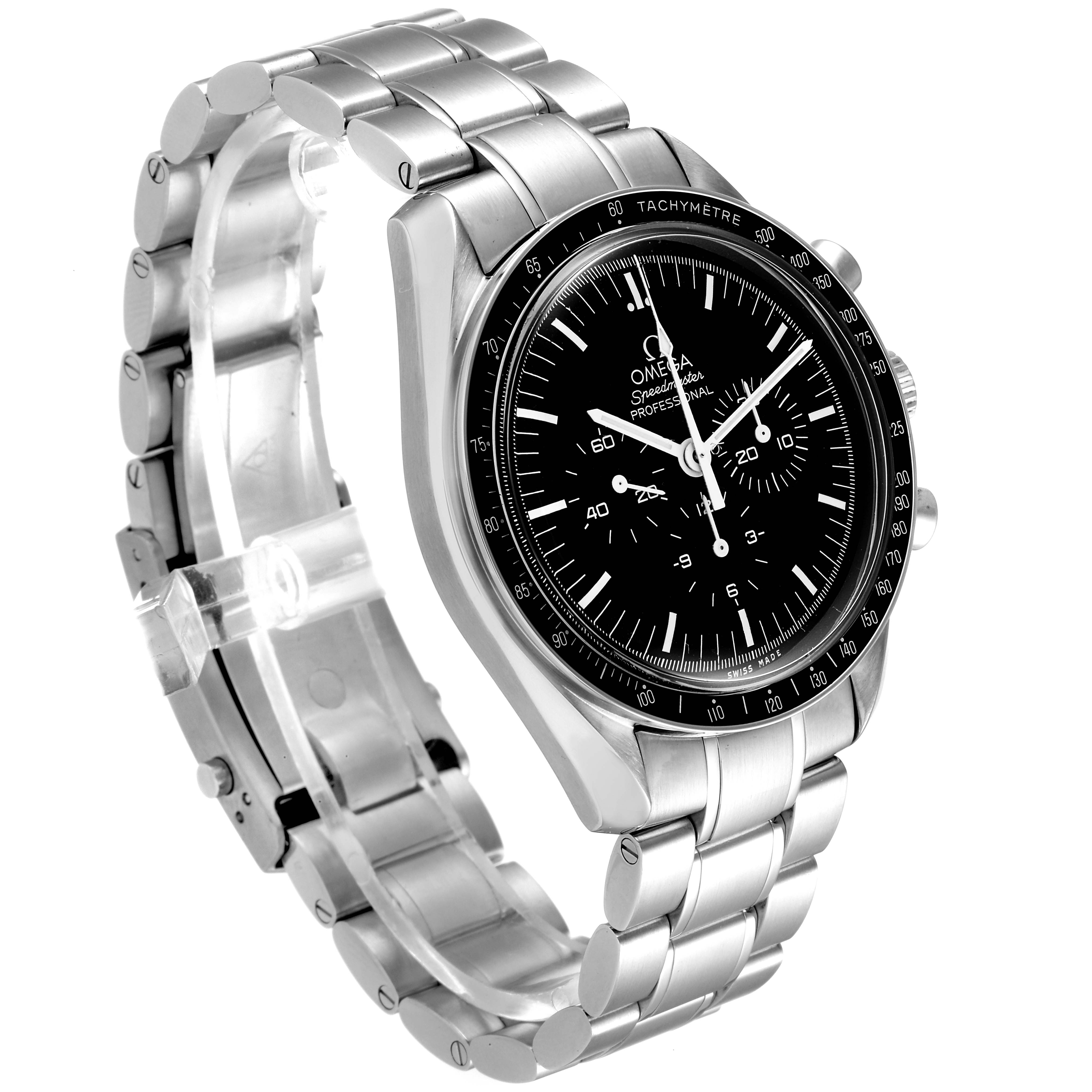 The Omega Speedmaster 311.30.42.30.01.005 Men
s Stainless Steel Black Dial 311.30.42.30.01.005 Men
s Stainless Steel Black Dial watch is shown at an angled view, highlighting the face, bezel, and stainless steel bracelet.