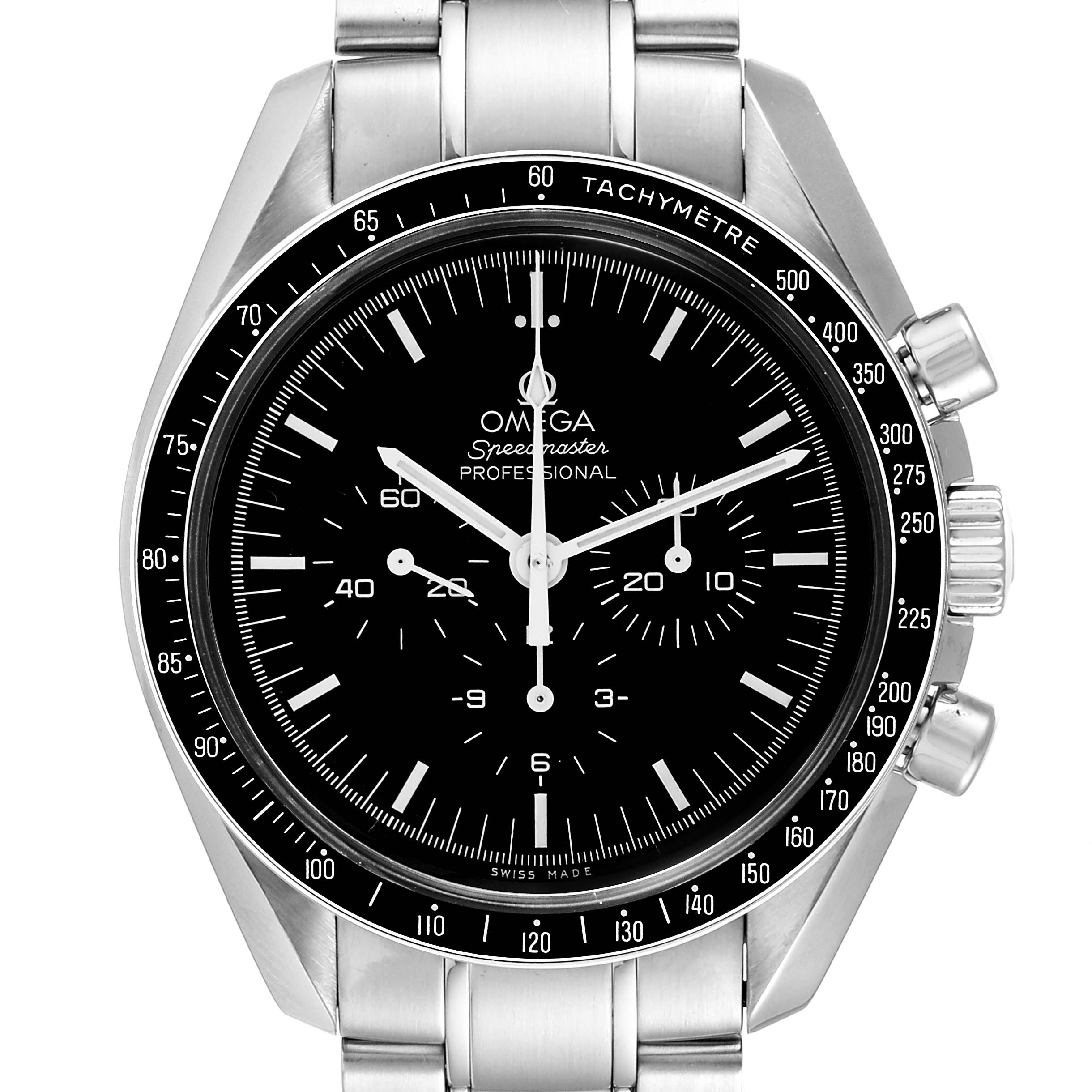 The image shows a front view of the Omega Speedmaster 311.30.42.30.01.005 Men
s Stainless Steel Black Dial 311.30.42.30.01.005 Men
s Stainless Steel Black Dial watch, displaying its dial, chronograph sub-dials, and tachymeter bezel.