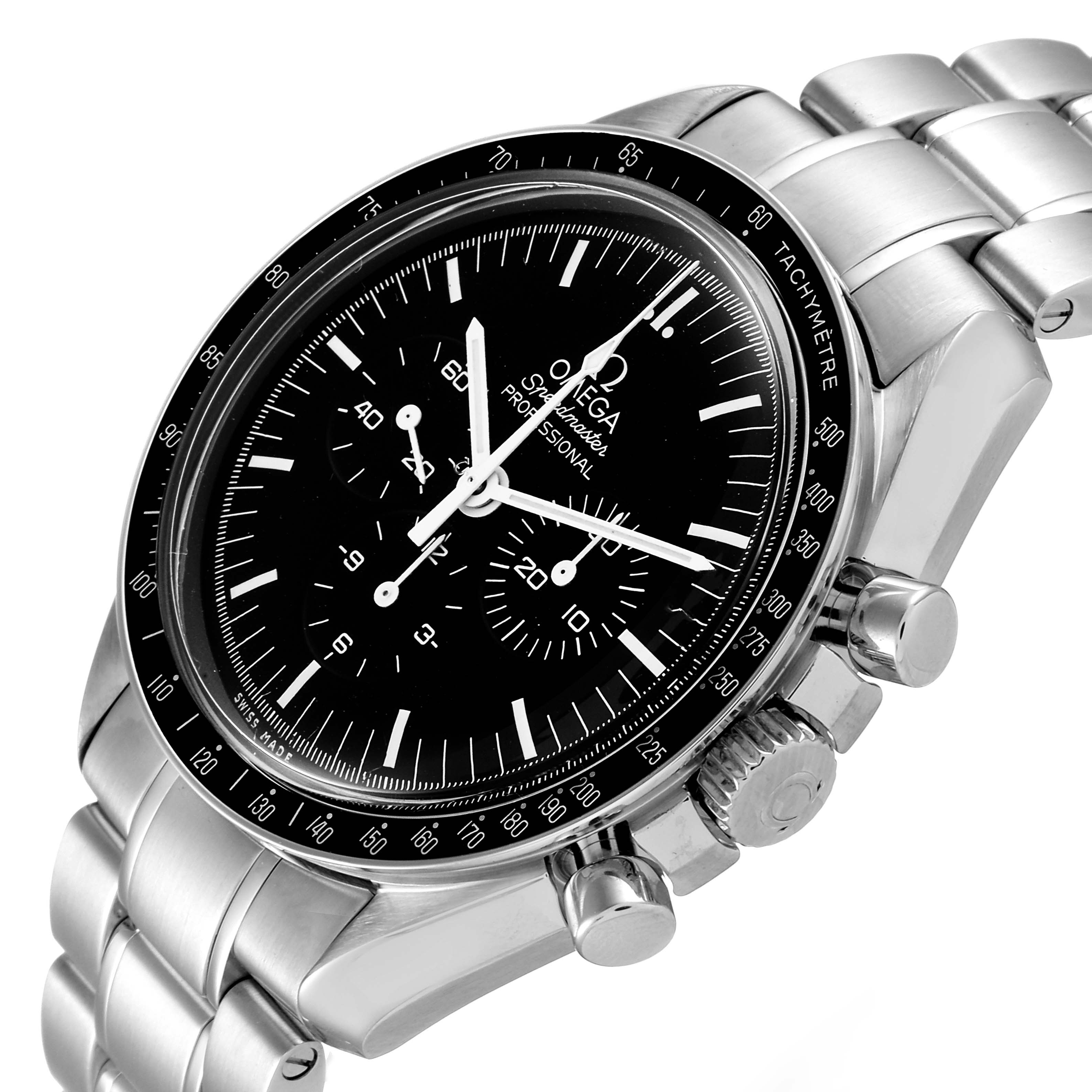 The image shows an angled close-up of the Omega Speedmaster 311.30.42.30.01.005 Men
s Stainless Steel Black Dial 311.30.42.30.01.005 Men
s Stainless Steel Black Dial watch, highlighting its face, bezel, crown, and metal bracelet.