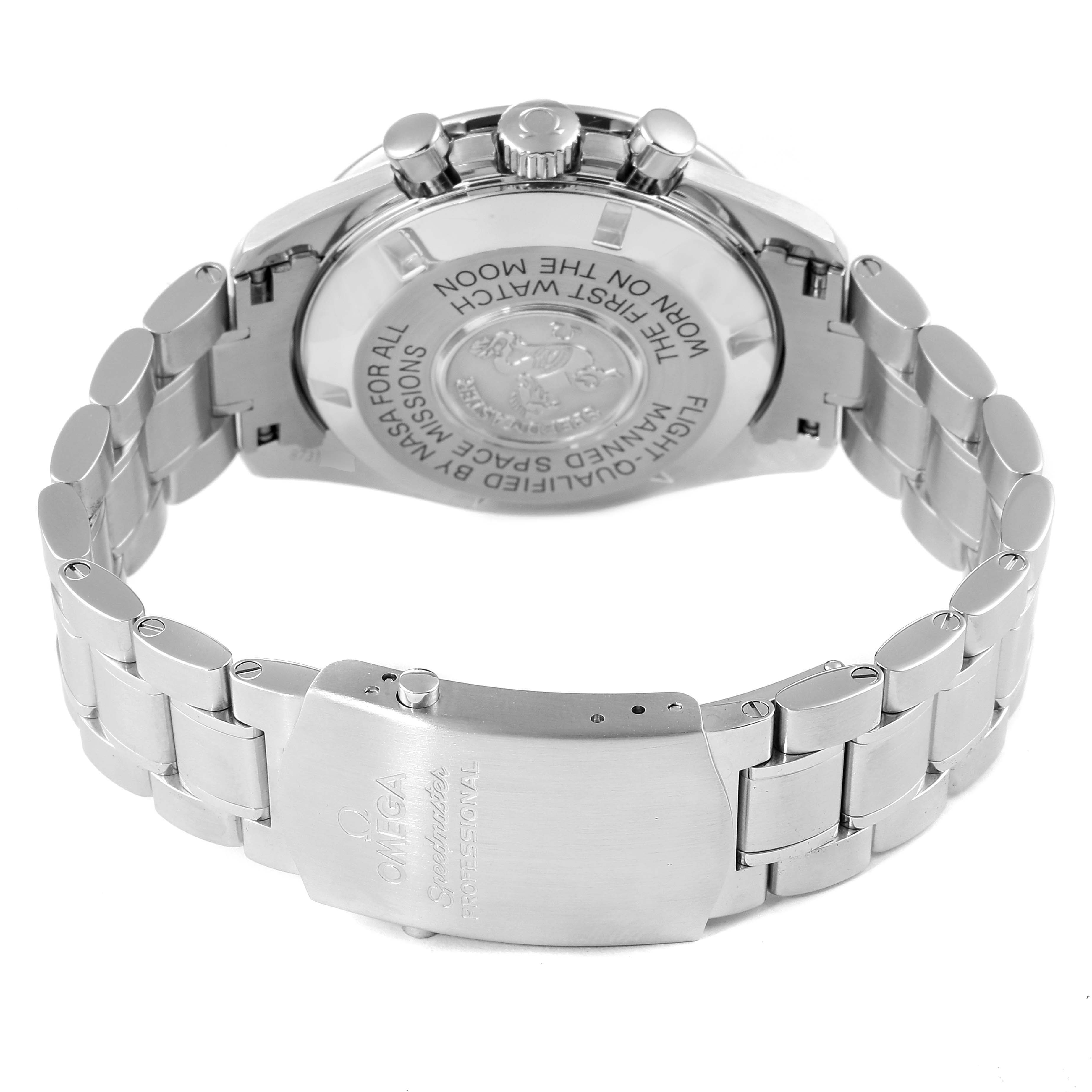 The image shows the back case and bracelet of an Omega Speedmaster 311.30.42.30.01.005 Men
s Stainless Steel Black Dial 311.30.42.30.01.005 Men
s Stainless Steel Black Dial watch from a rear angle.