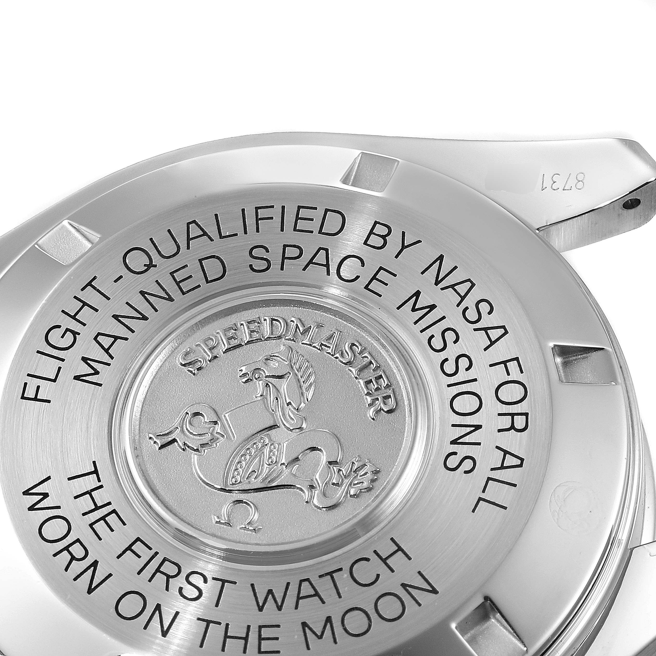 The image shows the back case of an Omega Speedmaster 311.30.42.30.01.005 Men
s Stainless Steel Black Dial 311.30.42.30.01.005 Men
s Stainless Steel Black Dial watch, highlighting its engravings and branding details.