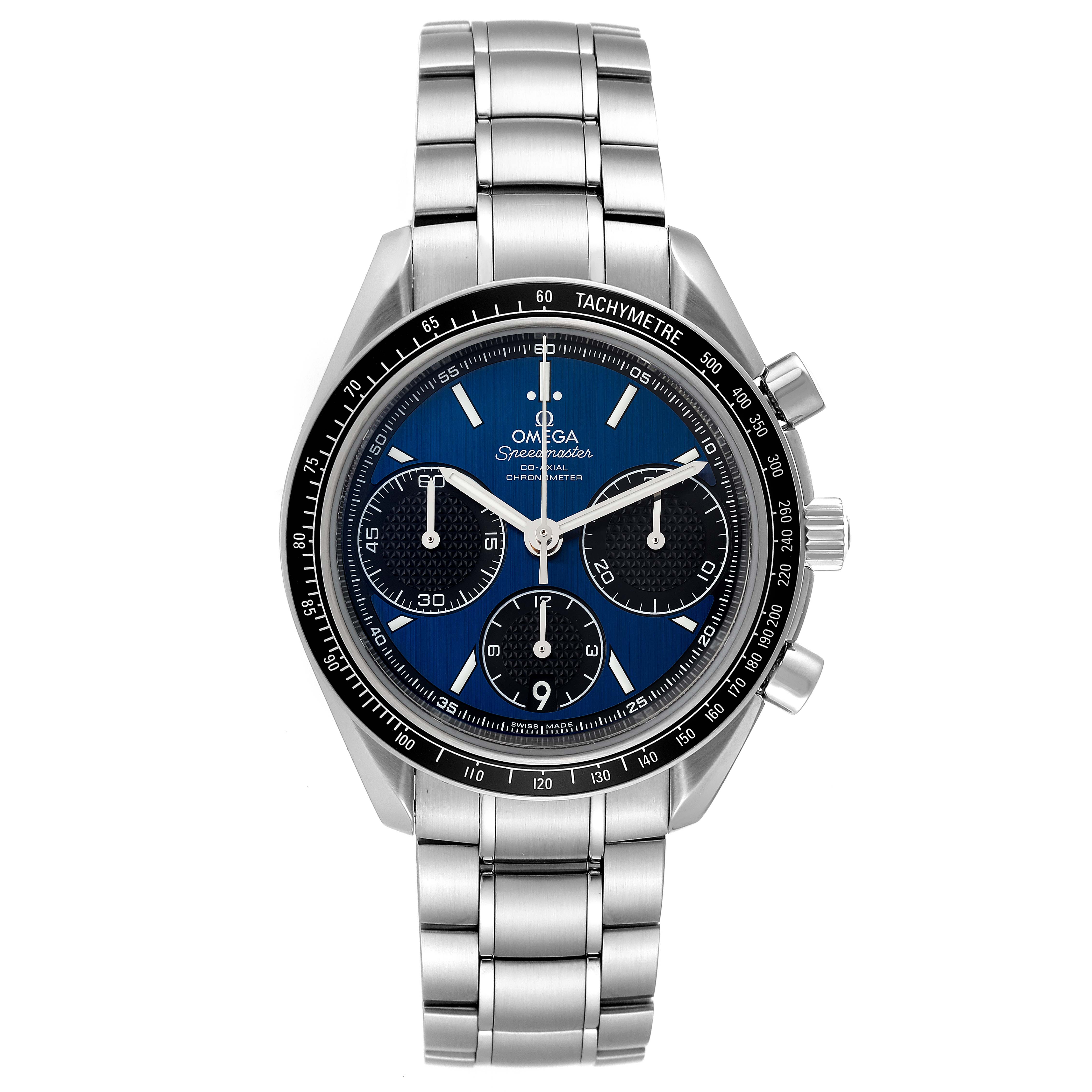 The image shows a front view of the Omega Speedmaster 326.30.40.50.03.001 Men
s Stainless Steel Blue Dial 326.30.40.50.03.001 Men
s Stainless Steel Blue Dial, displaying its dial, subdials, bezel, crown, pushers, and metal bracelet.