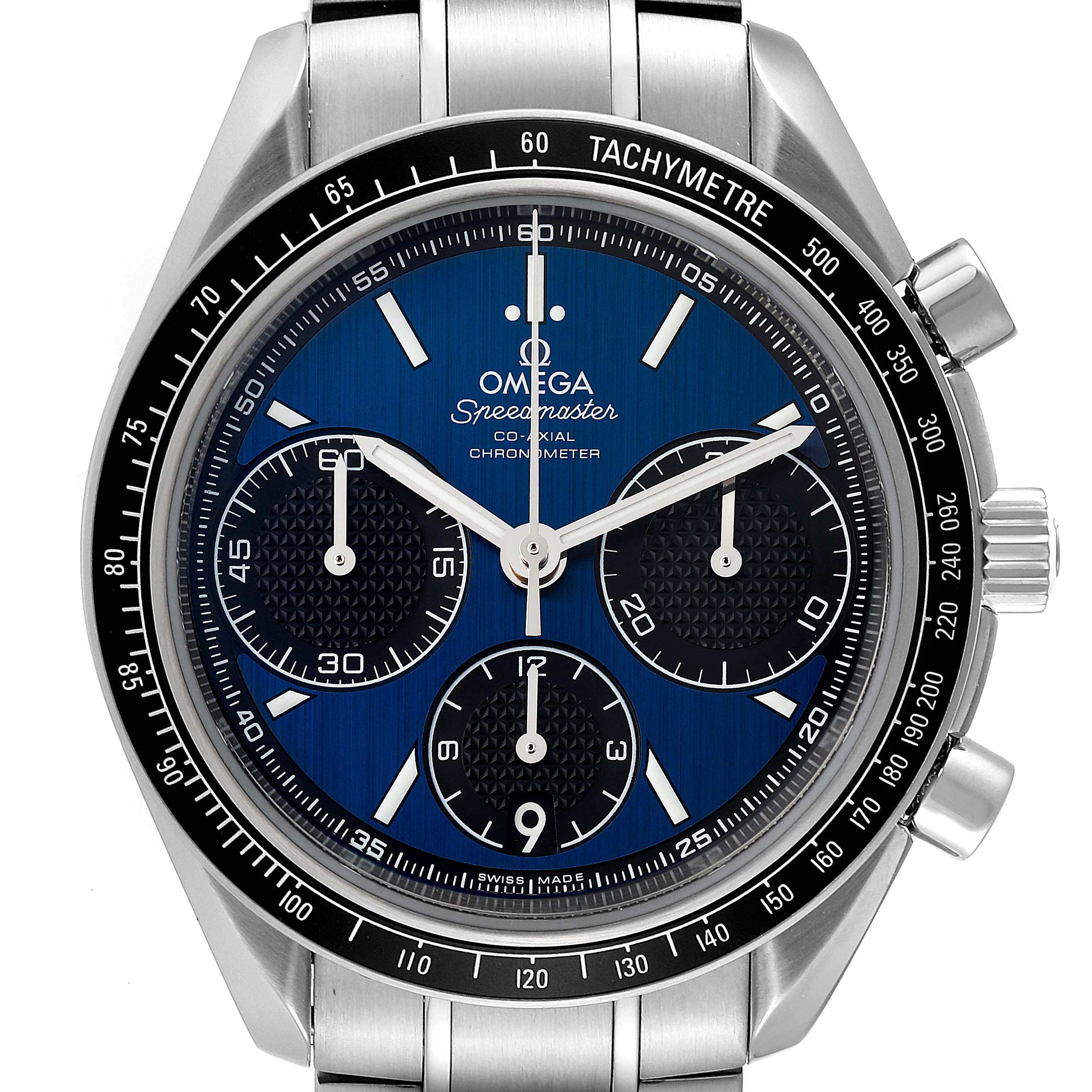 This is a frontal view of an Omega Speedmaster 326.30.40.50.03.001 Men
s Stainless Steel Blue Dial 326.30.40.50.03.001 Men
s Stainless Steel Blue Dial watch, showcasing its blue dial, chronograph subdials, and tachymeter bezel.
