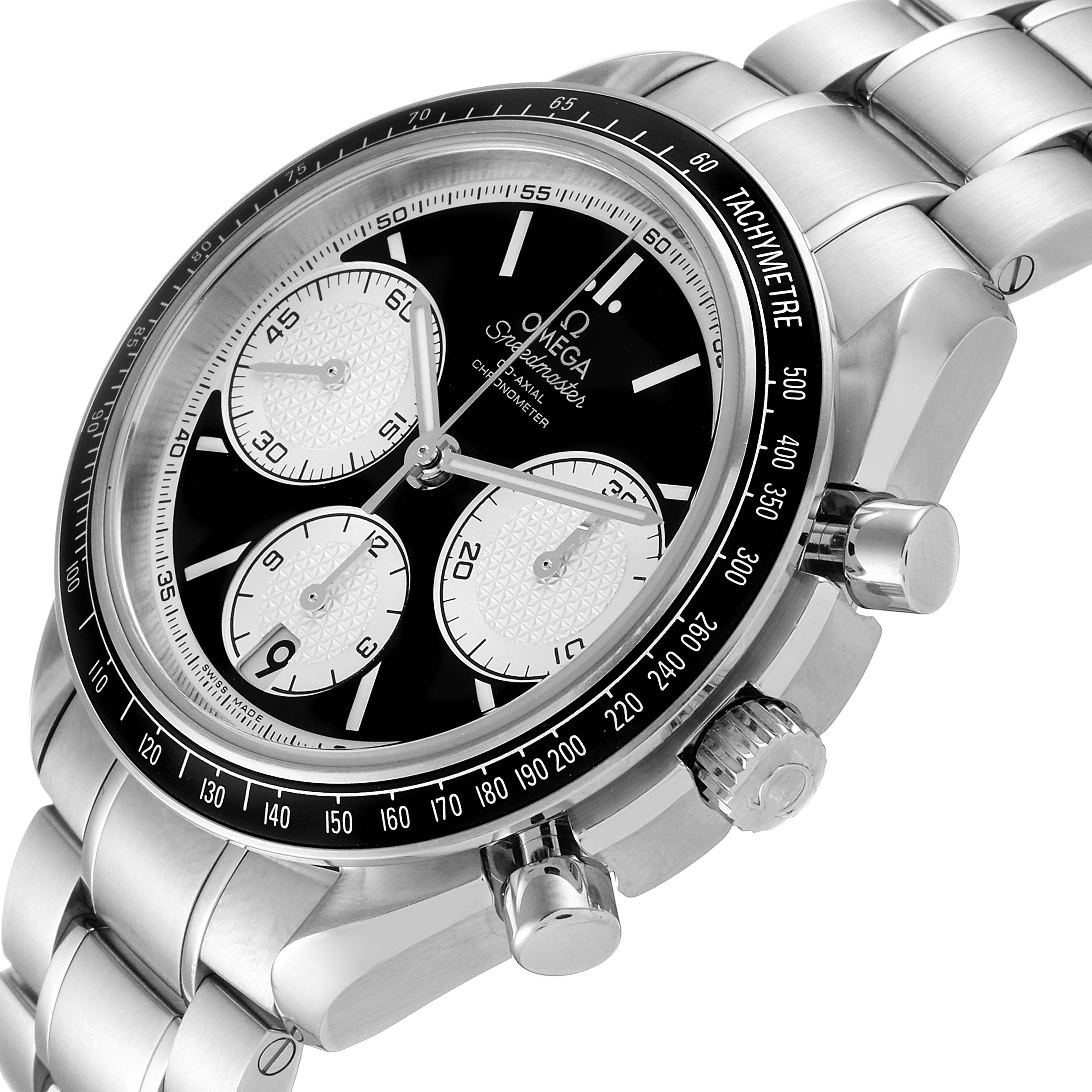 The Omega Speedmaster 326.30.40.50.01.002 Men
s Stainless Steel Black Dial 326.30.40.50.01.002 Men
s Stainless Steel Black Dial watch is shown at an angled close-up, highlighting its dial, bezel, pushers, crown, and metal bracelet.