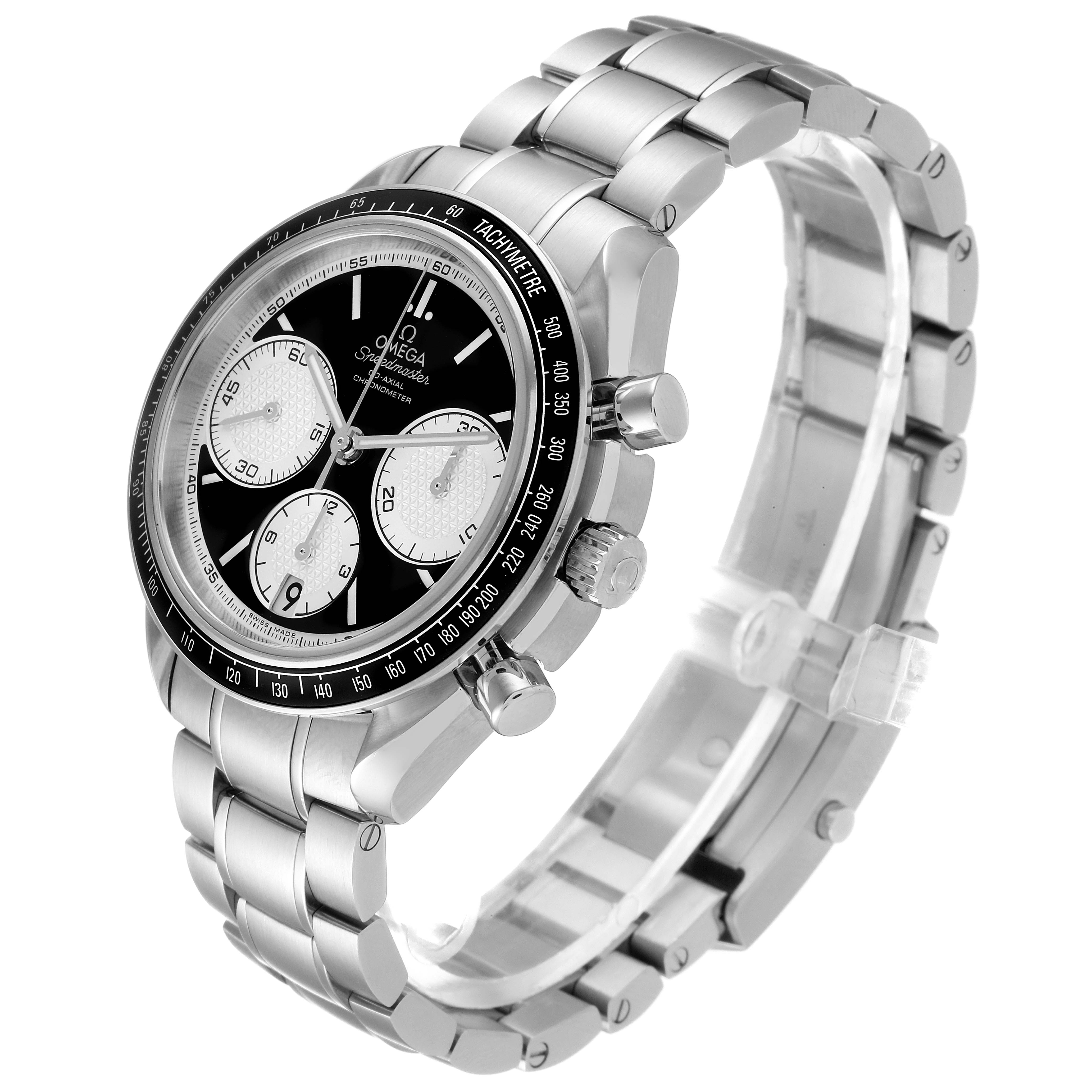 The Omega Speedmaster 326.30.40.50.01.002 Men
s Stainless Steel Black Dial 326.30.40.50.01.002 Men
s Stainless Steel Black Dial watch is shown at an angle highlighting the face, bezel, and stainless steel bracelet.