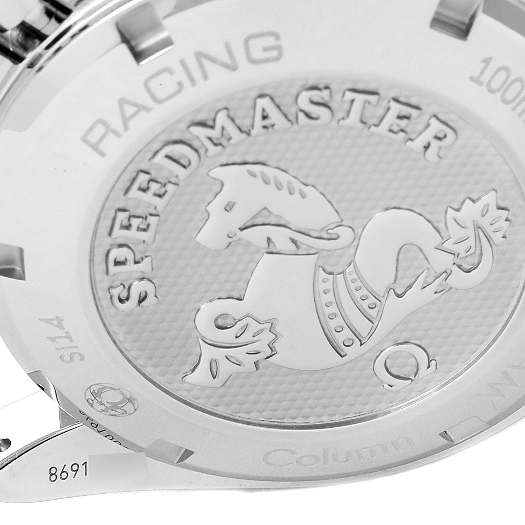 The image shows the back case of an Omega Speedmaster 326.30.40.50.01.002 Men
s Stainless Steel Black Dial 326.30.40.50.01.002 Men
s Stainless Steel Black Dial watch at a slightly angled view.