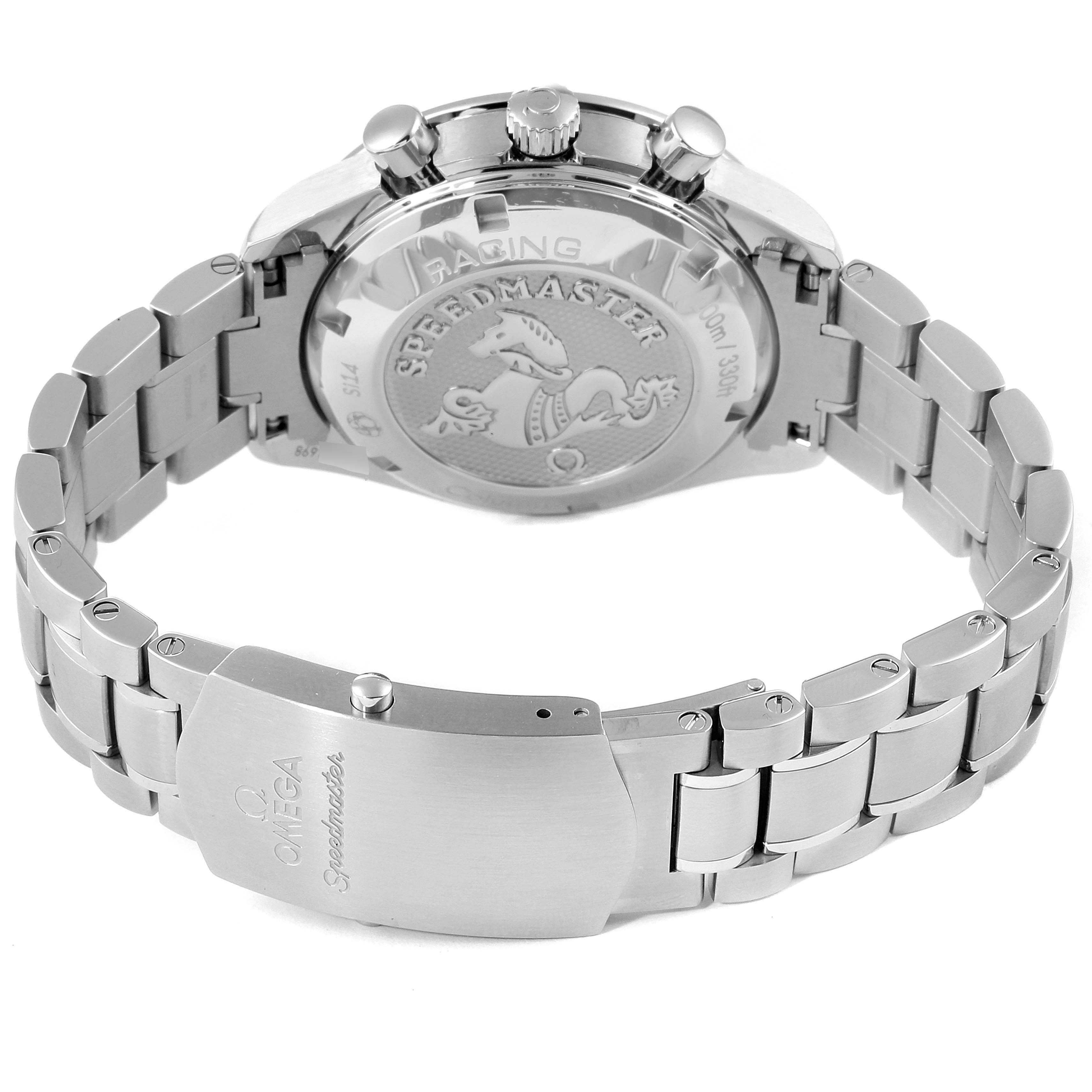 The image shows the back case and clasp of an Omega Speedmaster 326.30.40.50.01.002 Men
s Stainless Steel Black Dial 326.30.40.50.01.002 Men
s Stainless Steel Black Dial watch, focusing on the bracelet and engraved logo.