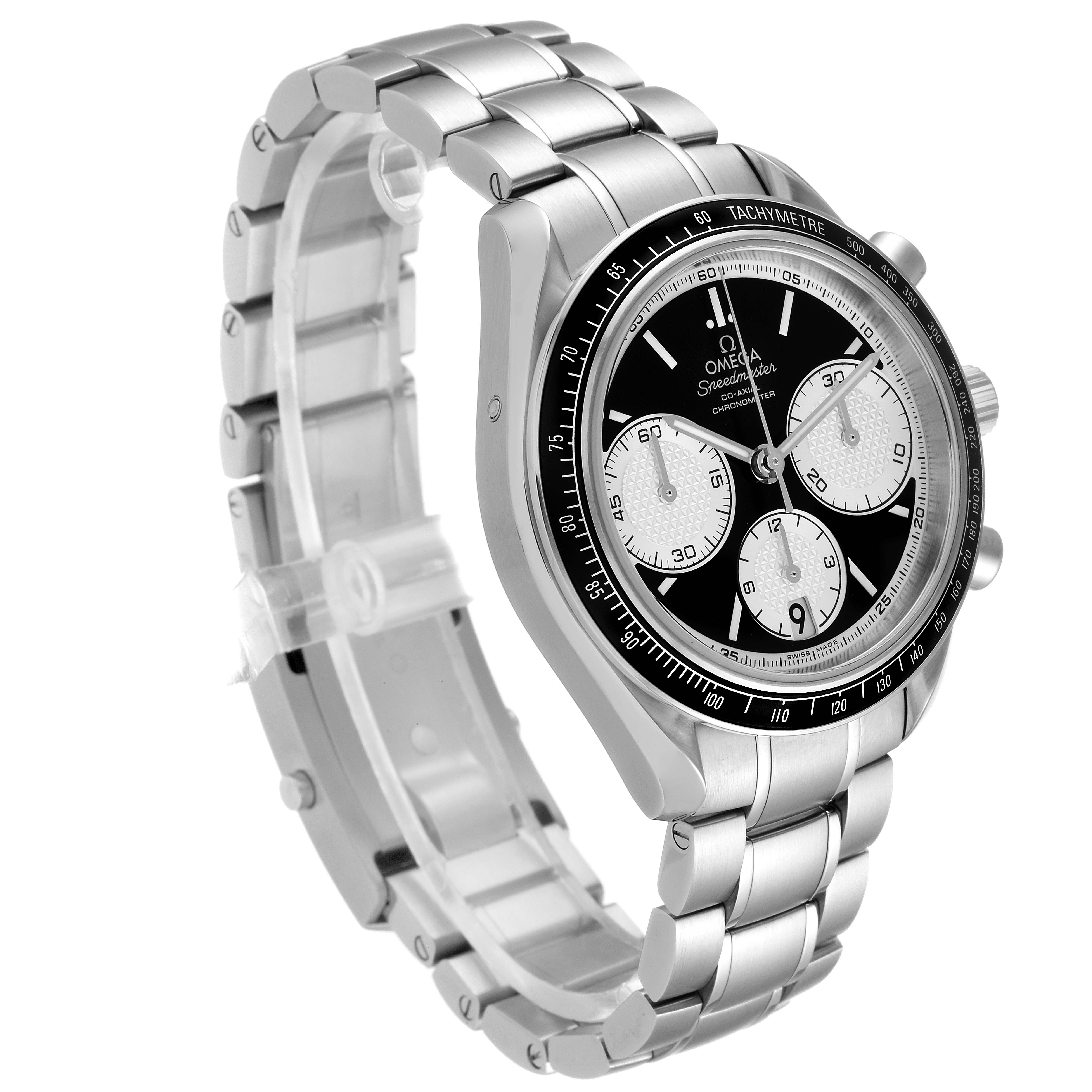 This image shows an Omega Speedmaster 326.30.40.50.01.002 Men
s Stainless Steel Black Dial 326.30.40.50.01.002 Men
s Stainless Steel Black Dial watch from a side angle, highlighting the bracelet, bezel, and dial.