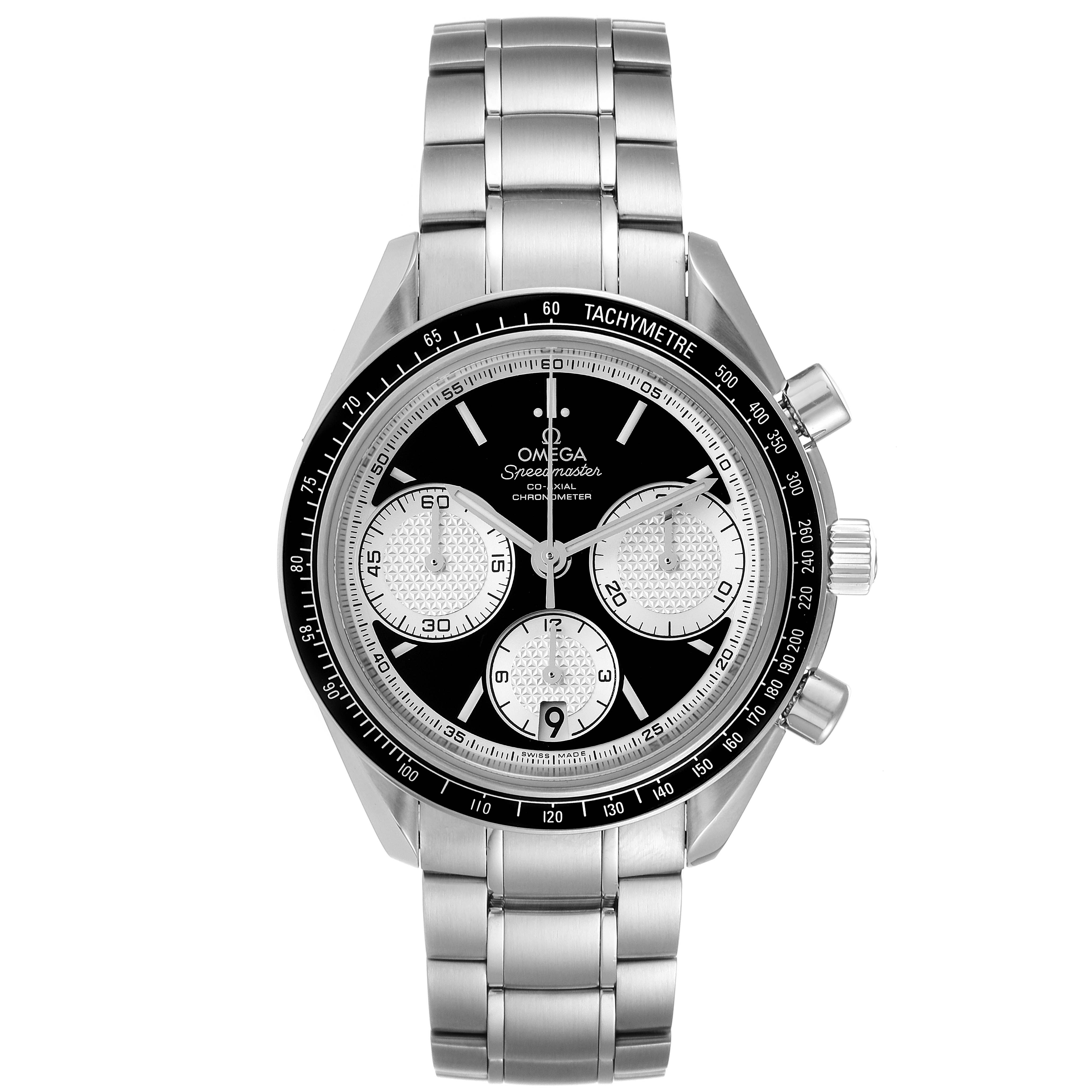 This image shows the front view of an Omega Speedmaster 326.30.40.50.01.002 Men
s Stainless Steel Black Dial 326.30.40.50.01.002 Men
s Stainless Steel Black Dial watch, highlighting the dial, chronograph subdials, and metal bracelet.