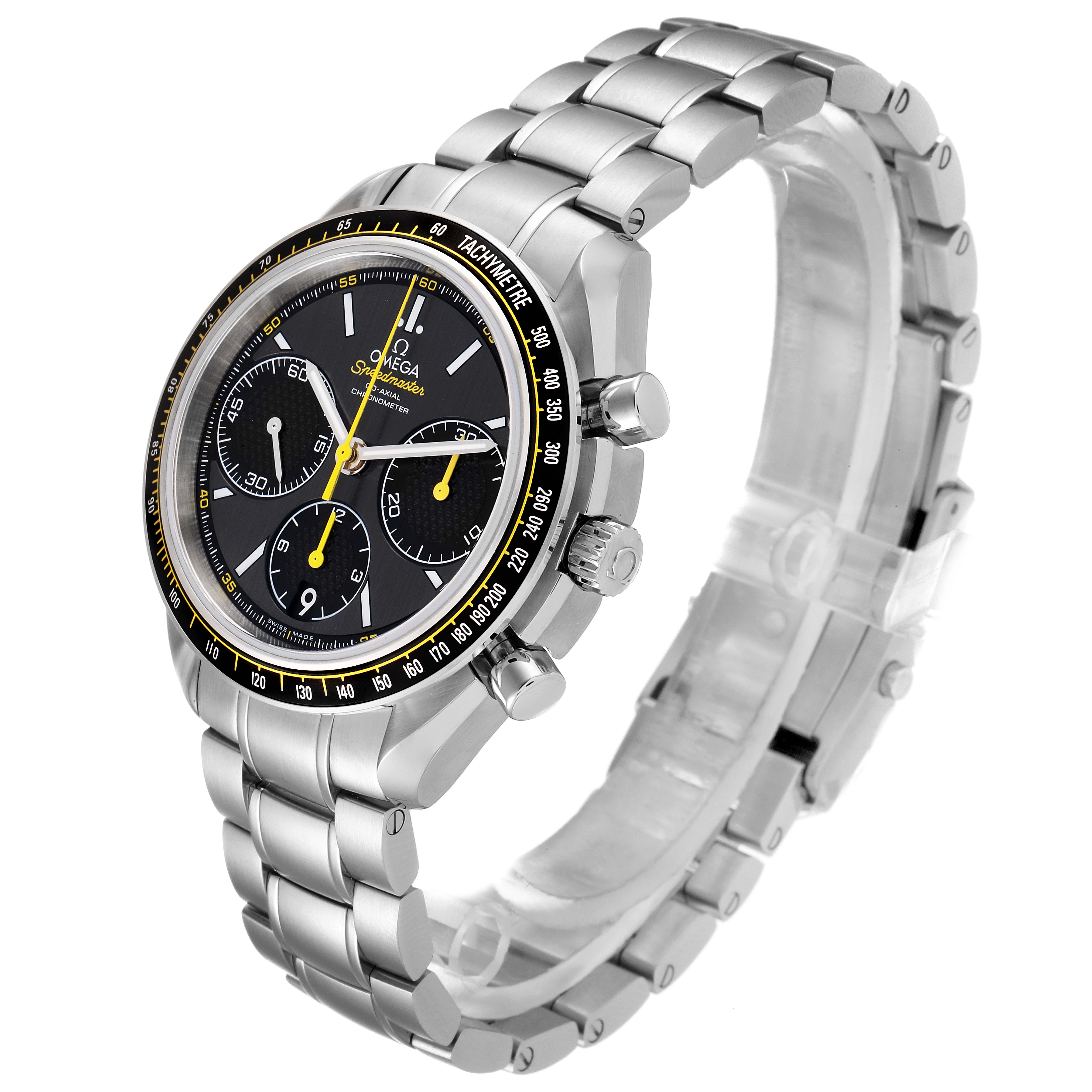 The image shows an angled side view of an Omega Speedmaster 326.30.40.50.06.001 Men
s Stainless Steel Grey Dial 326.30.40.50.06.001 Men
s Stainless Steel Grey Dial watch, highlighting its dial, bezel, crown, pushers, and metallic bracelet.