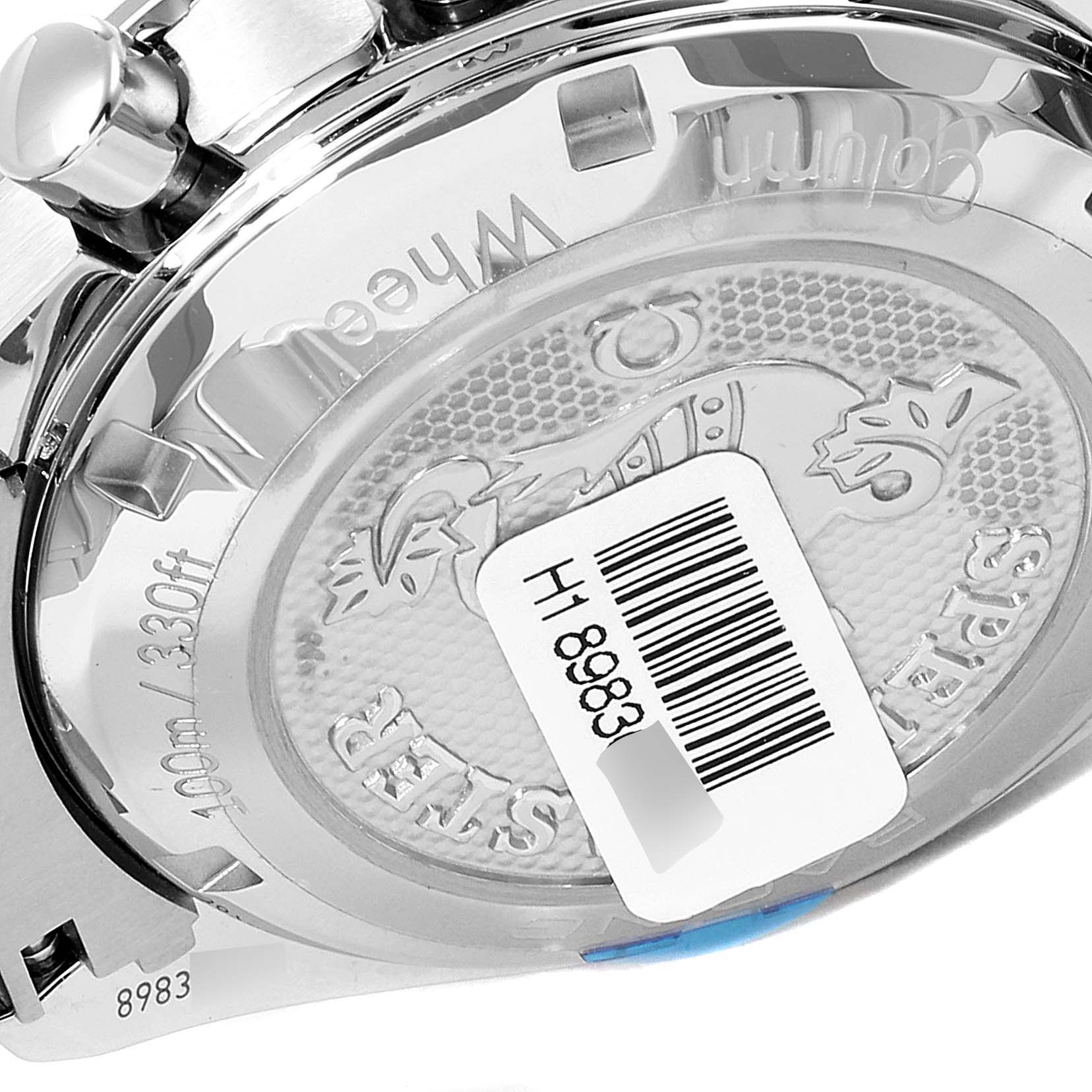 The image shows the back case of an Omega Speedmaster 326.30.40.50.06.001 Men
s Stainless Steel Grey Dial 326.30.40.50.06.001 Men
s Stainless Steel Grey Dial watch, highlighting its branding and water resistance details.