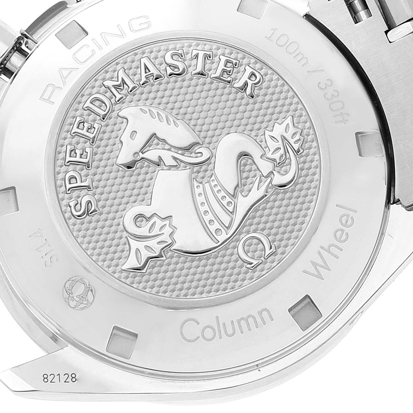 The image shows the back of an Omega Speedmaster 326.30.40.50.11.001 Men
s Stainless Steel Red Dial 326.30.40.50.11.001 Men
s Stainless Steel Red Dial Racing watch, highlighting its engravings and design.