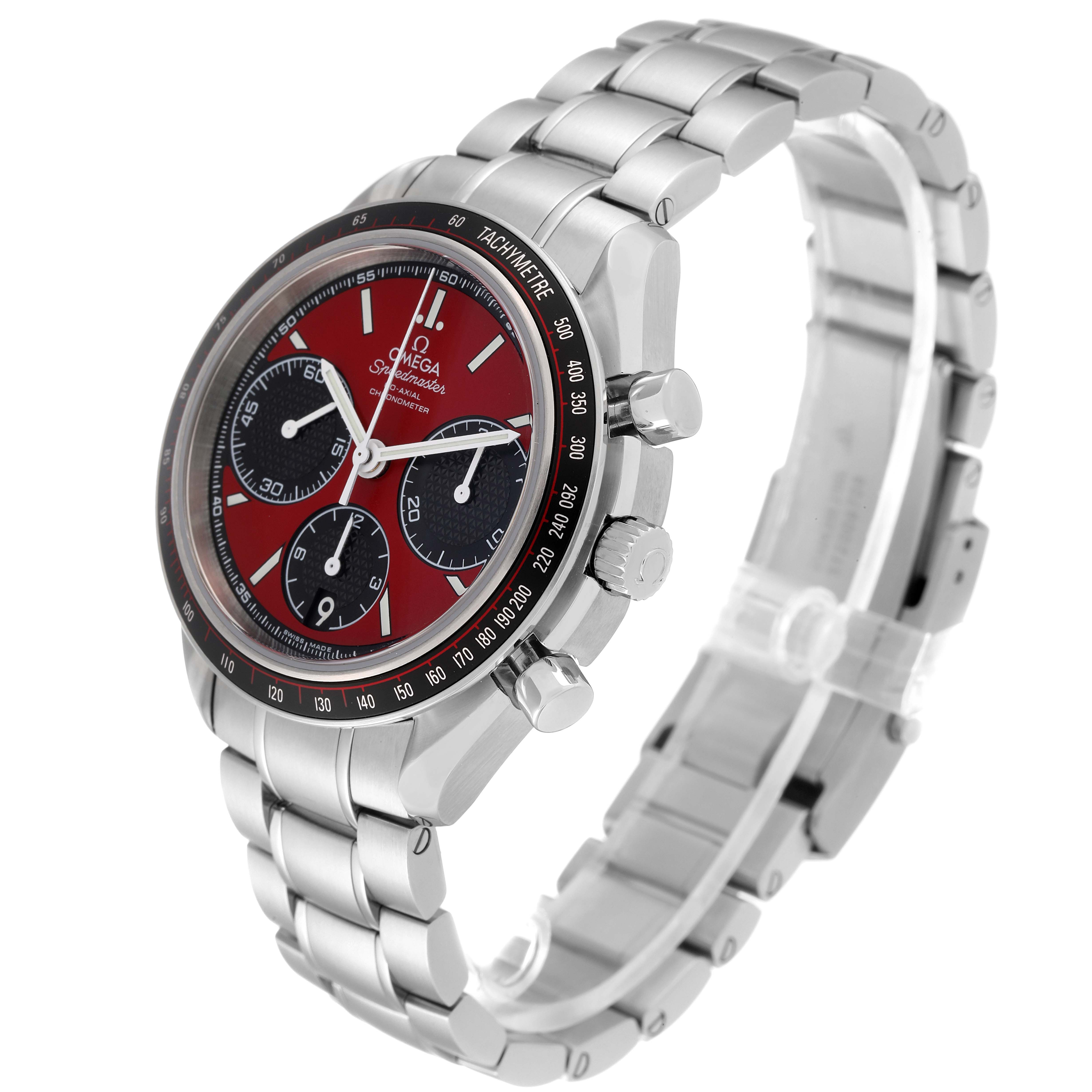 This image shows a side close-up angle of the Omega Speedmaster 326.30.40.50.11.001 Men
s Stainless Steel Red Dial 326.30.40.50.11.001 Men
s Stainless Steel Red Dial watch, highlighting the case, bezel, dial, crown, and metal bracelet.