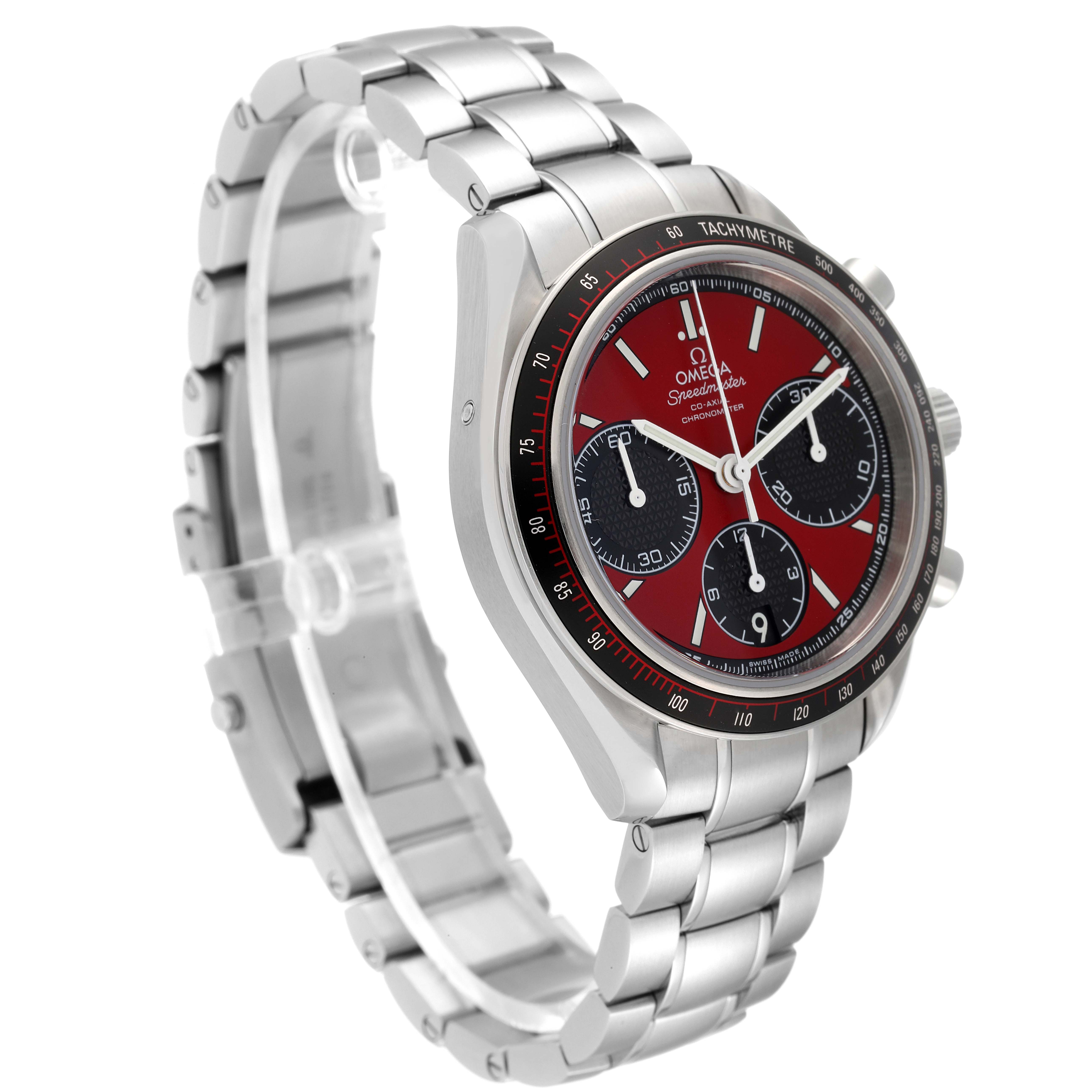 The Omega Speedmaster 326.30.40.50.11.001 Men
s Stainless Steel Red Dial 326.30.40.50.11.001 Men
s Stainless Steel Red Dial watch is shown at a slight angle, highlighting its red dial, chronograph subdials, and metallic bracelet.