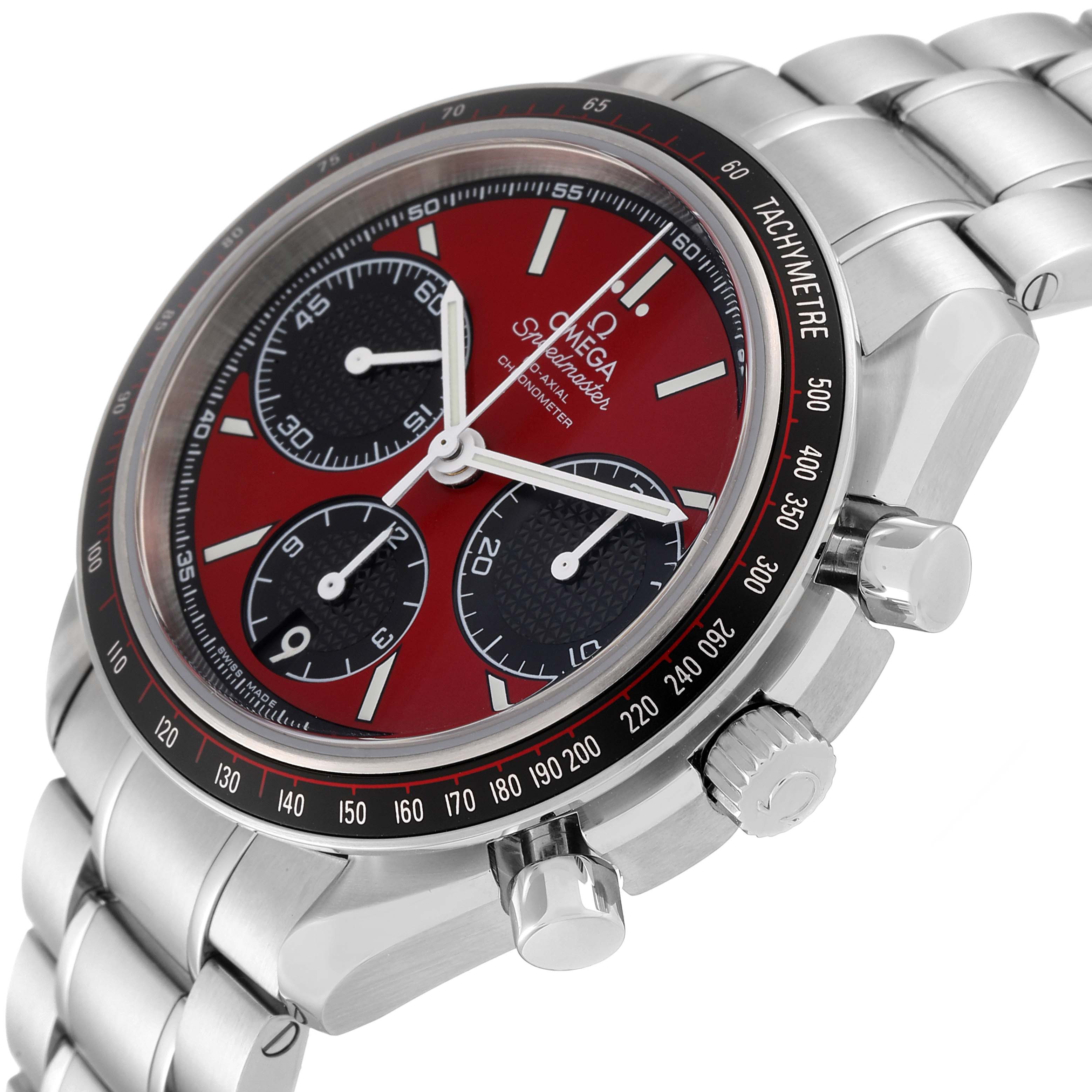 This Omega Speedmaster 326.30.40.50.11.001 Men
s Stainless Steel Red Dial 326.30.40.50.11.001 Men
s Stainless Steel Red Dial is shown from an angled side view highlighting its red dial, chronograph subdials, and stainless steel bracelet.
