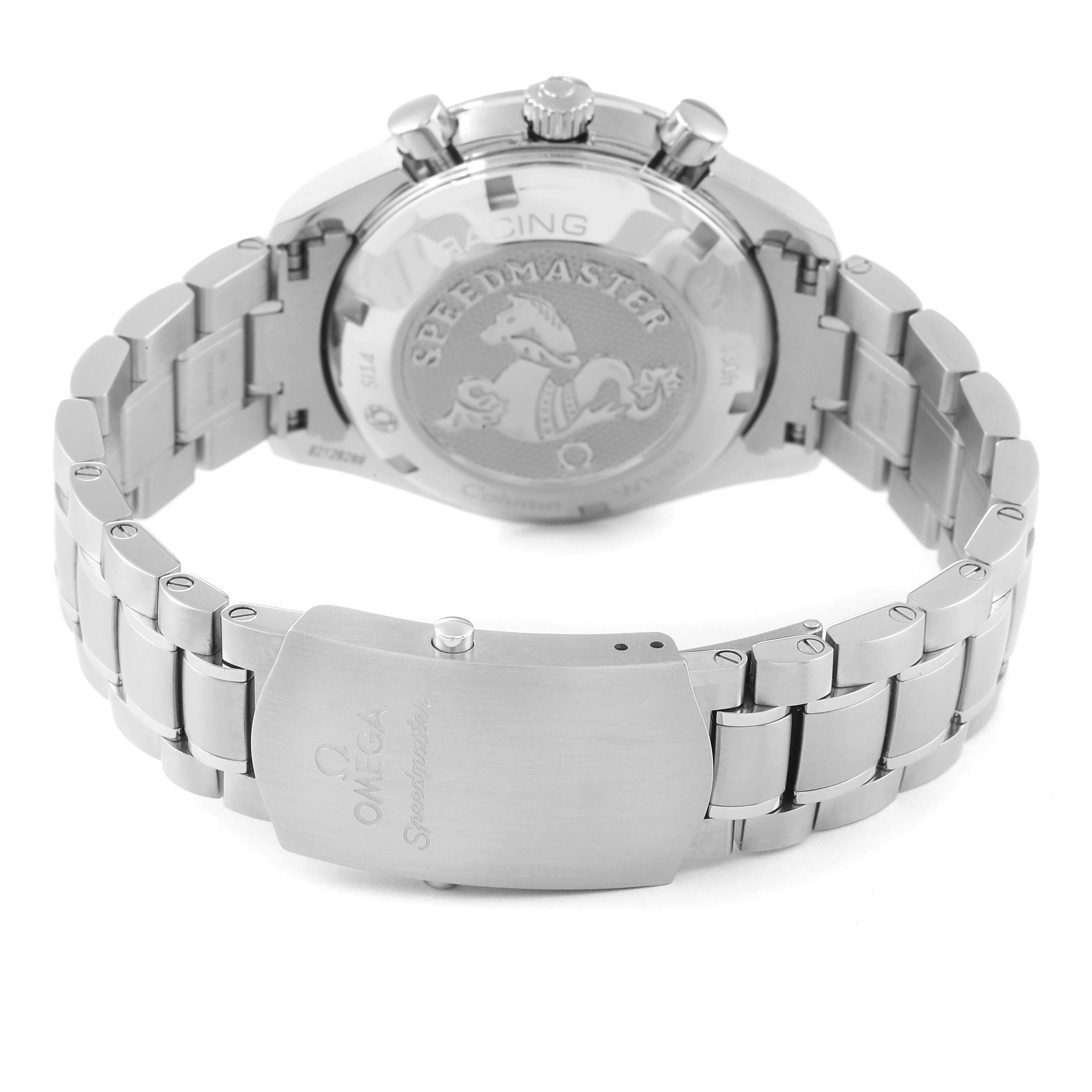 The image shows the back case and bracelet of the Omega Speedmaster 326.30.40.50.11.001 Men
s Stainless Steel Red Dial 326.30.40.50.11.001 Men
s Stainless Steel Red Dial watch.