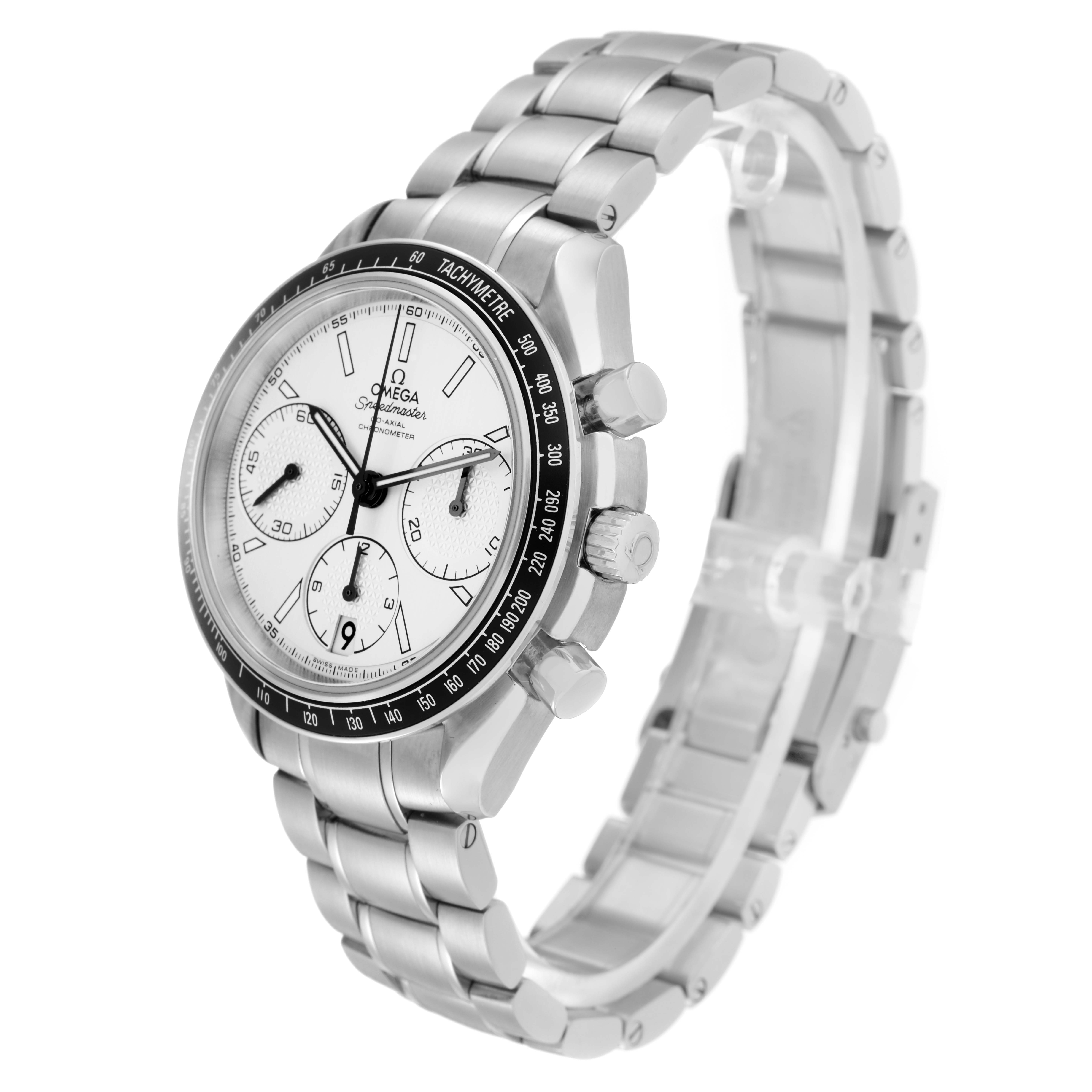 The Omega Speedmaster 326.30.40.50.02.001 Men
s Stainless Steel Silver Dial 326.30.40.50.02.001 Men
s Stainless Steel Silver Dial watch is viewed at an angle showing the face, bezel, pushers, crown, and bracelet.