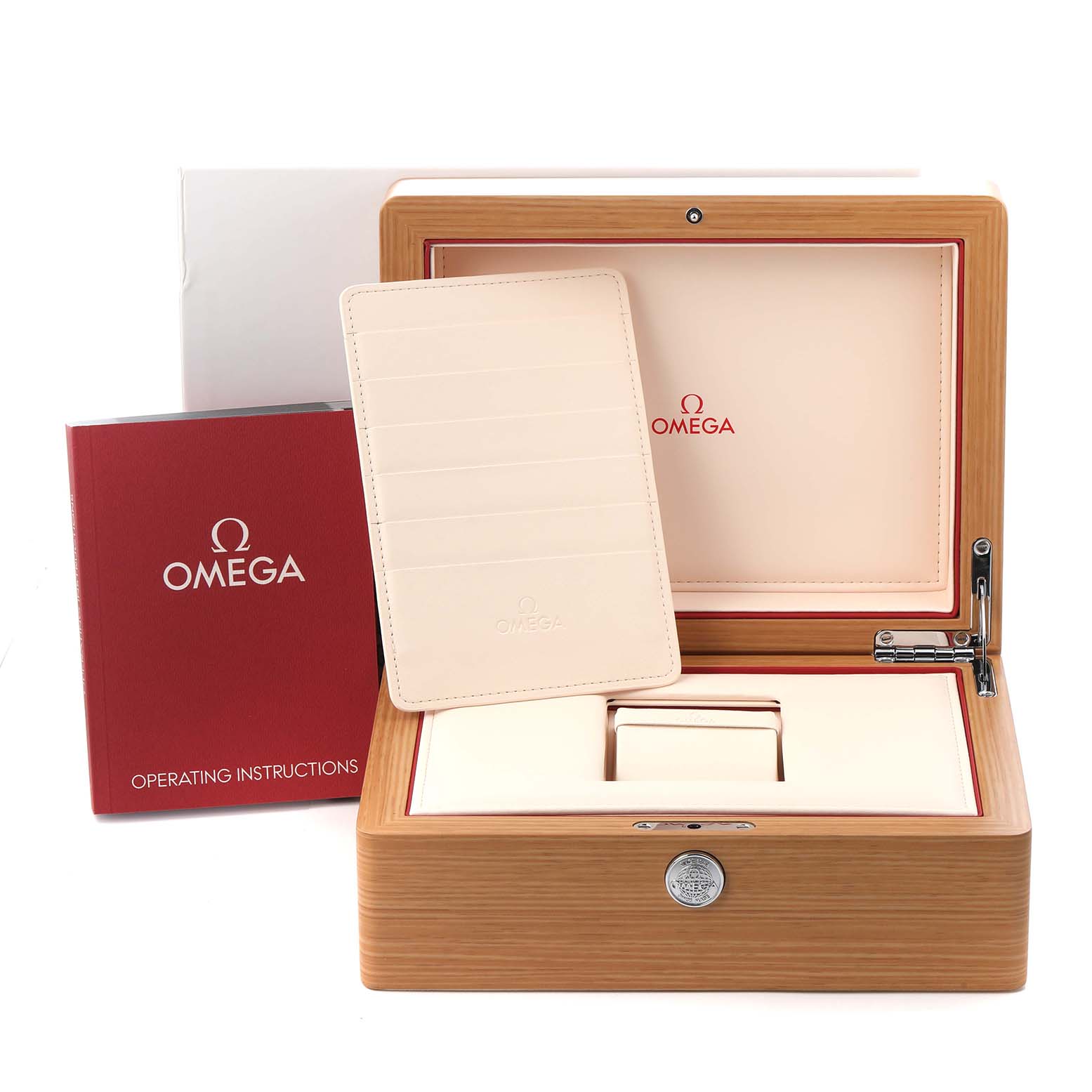 This image shows the Omega Speedmaster 326.30.40.50.02.001 Men
s Stainless Steel Silver Dial 326.30.40.50.02.001 Men
s Stainless Steel Silver Dial packaging and accessories including a box, instruction manual, and card holder.