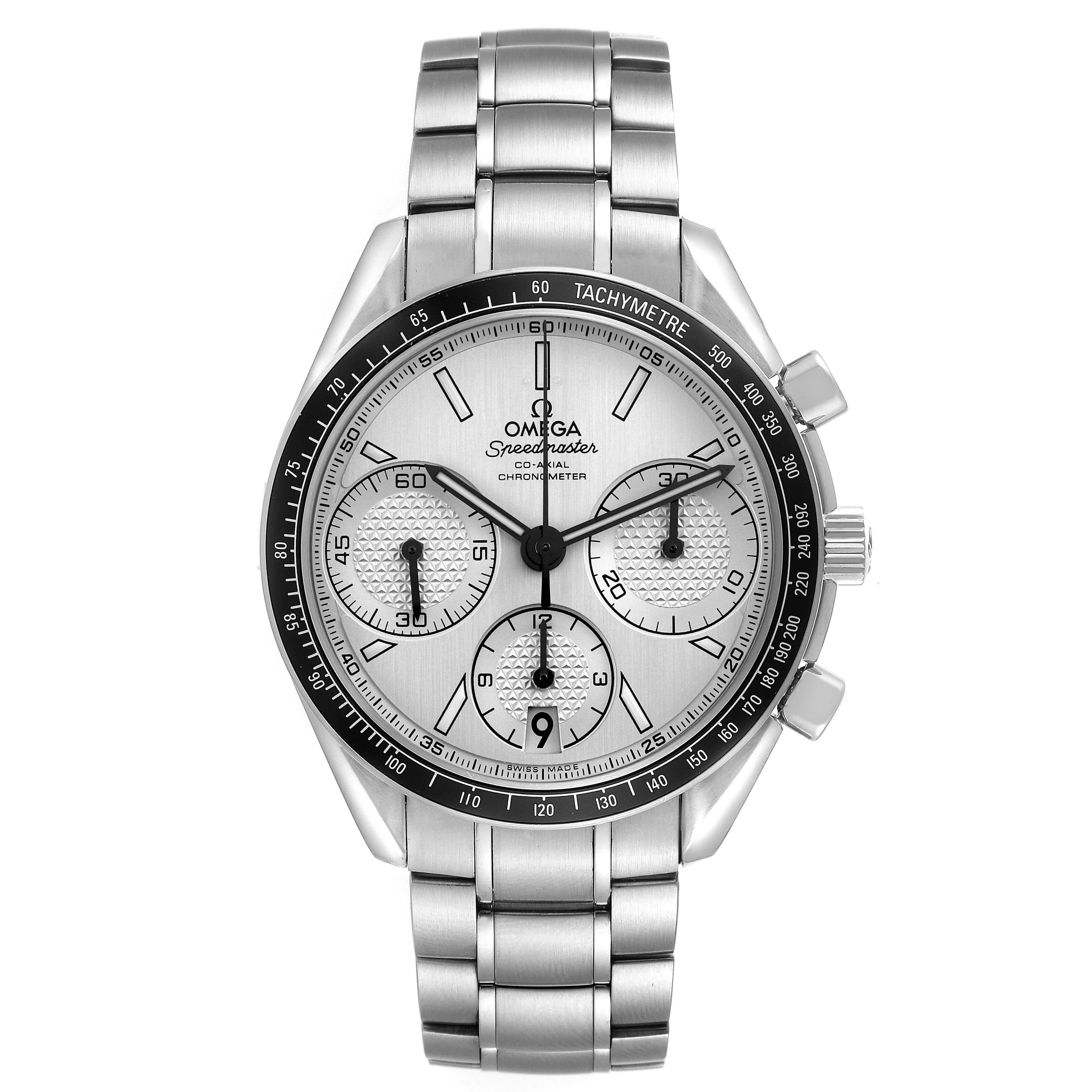 The Omega Speedmaster 326.30.40.50.02.001 Men
s Stainless Steel Silver Dial 326.30.40.50.02.001 Men
s Stainless Steel Silver Dial watch is shown from the front, displaying the dial, bezel, chronograph sub-dials, and metal bracelet.