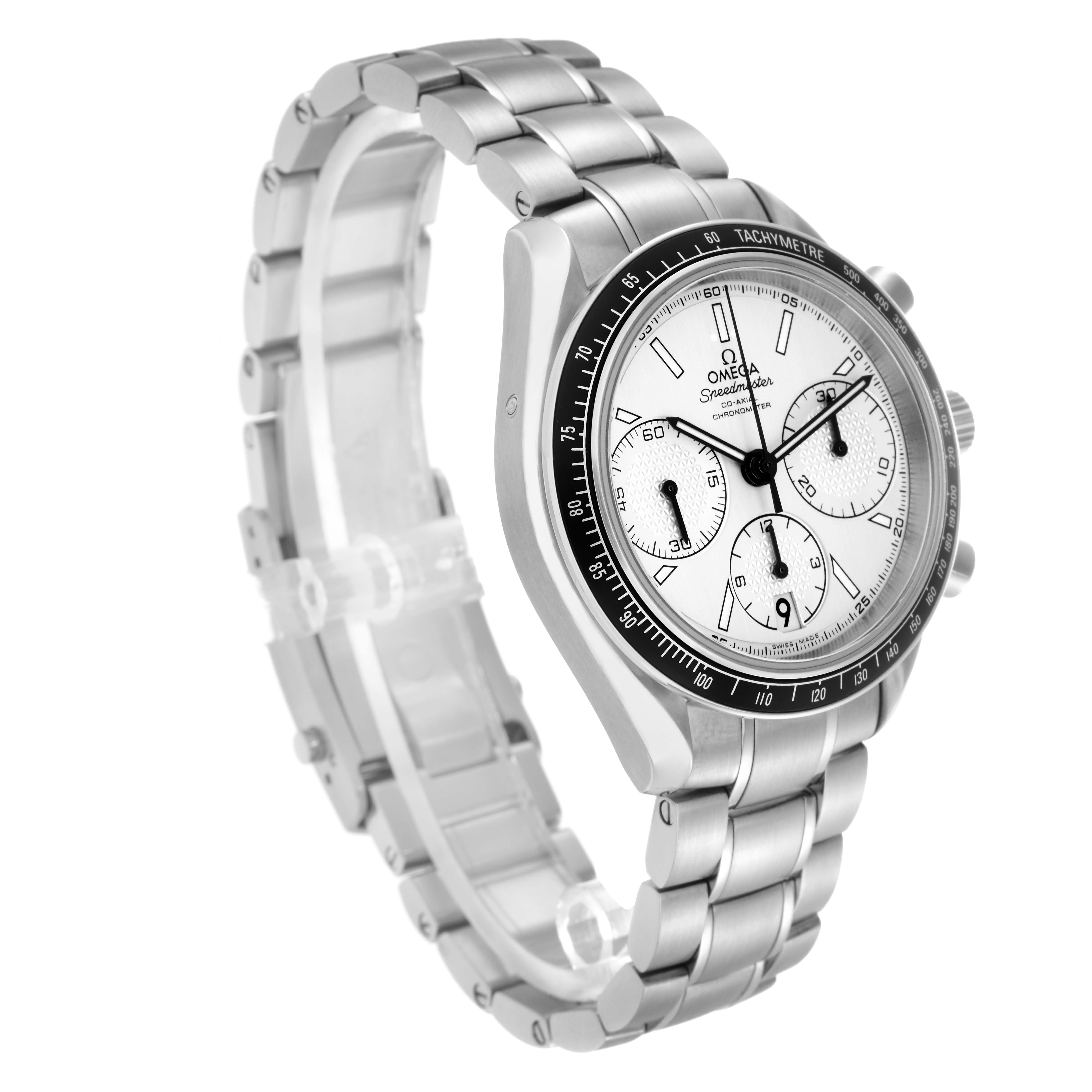 The Omega Speedmaster 326.30.40.50.02.001 Men
s Stainless Steel Silver Dial 326.30.40.50.02.001 Men
s Stainless Steel Silver Dial watch is shown at a three-quarter angle, highlighting its stainless steel bracelet and chronograph dial.