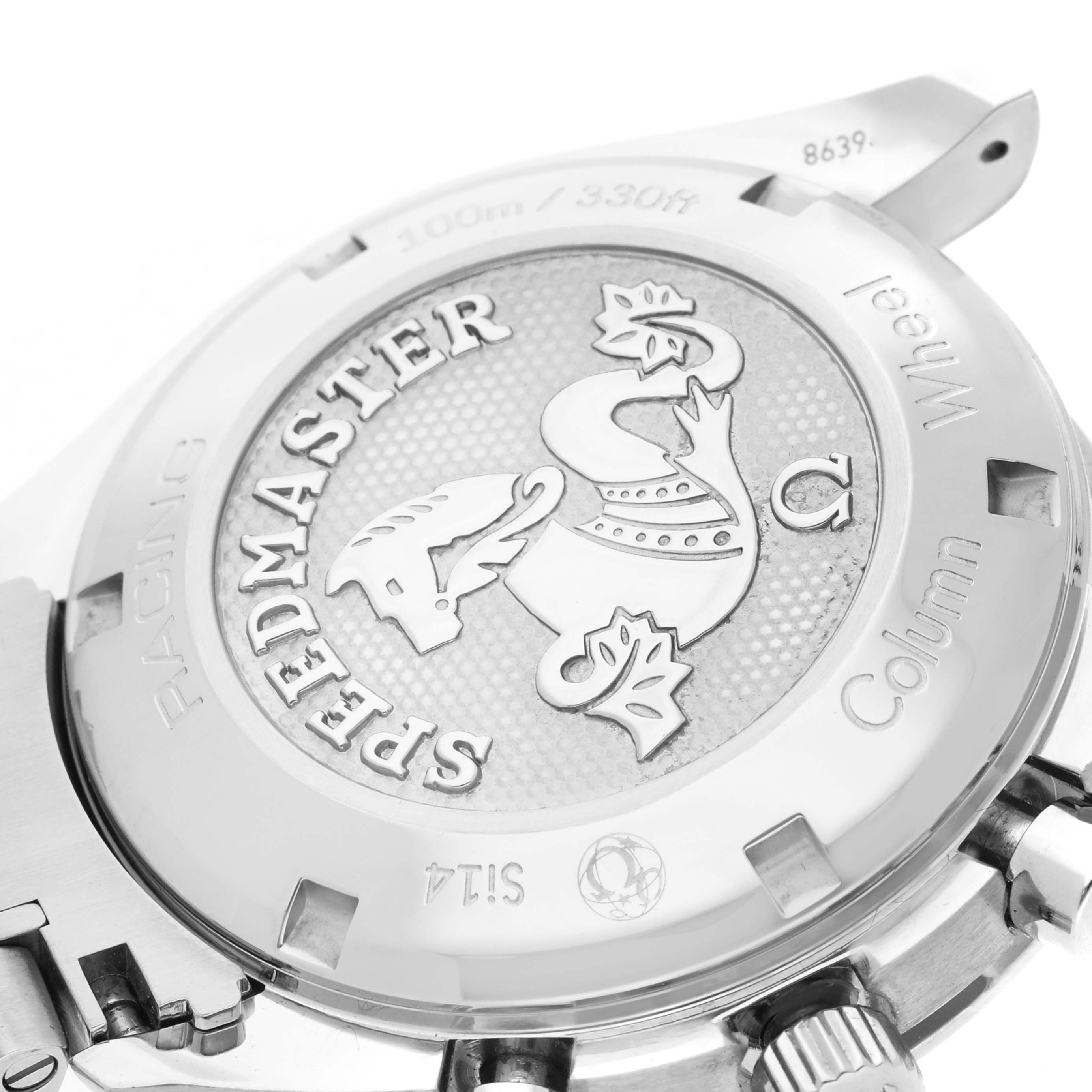 The image shows the case back of the Omega Speedmaster 326.30.40.50.02.001 Men
s Stainless Steel Silver Dial 326.30.40.50.02.001 Men
s Stainless Steel Silver Dial, featuring the Speedmaster emblem and text engravings.