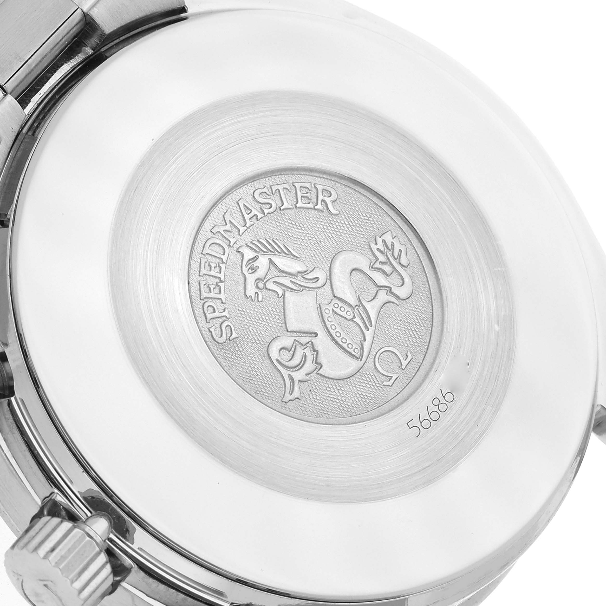 The image shows the back case of an Omega Speedmaster 3510.50.00 Men
s Stainless Steel Black Dial 3510.50.00 Men
s Stainless Steel Black Dial watch, highlighting the engraved logo and model name.