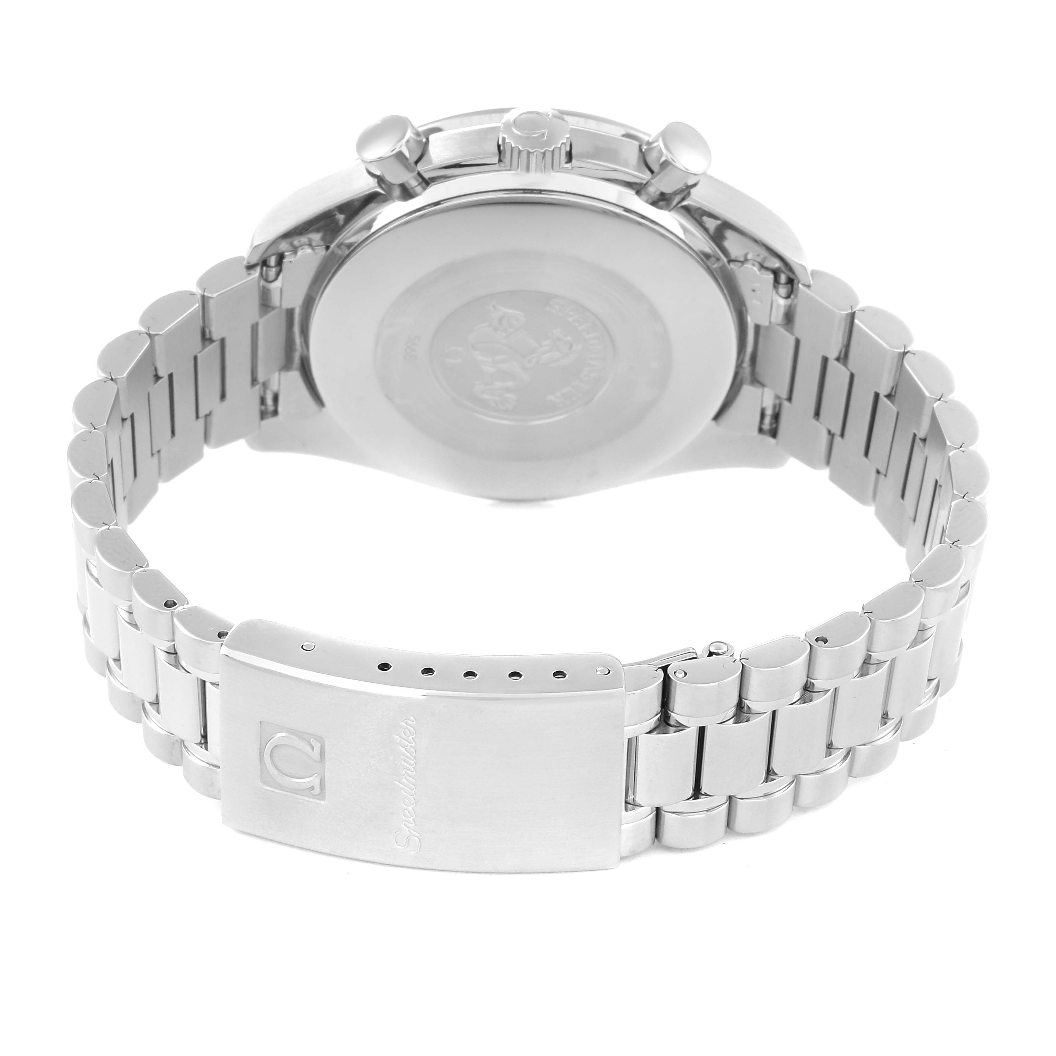 The image shows the back and clasp of an Omega Speedmaster 3510.50.00 Men
s Stainless Steel Black Dial 3510.50.00 Men
s Stainless Steel Black Dial watch from a rear angle.