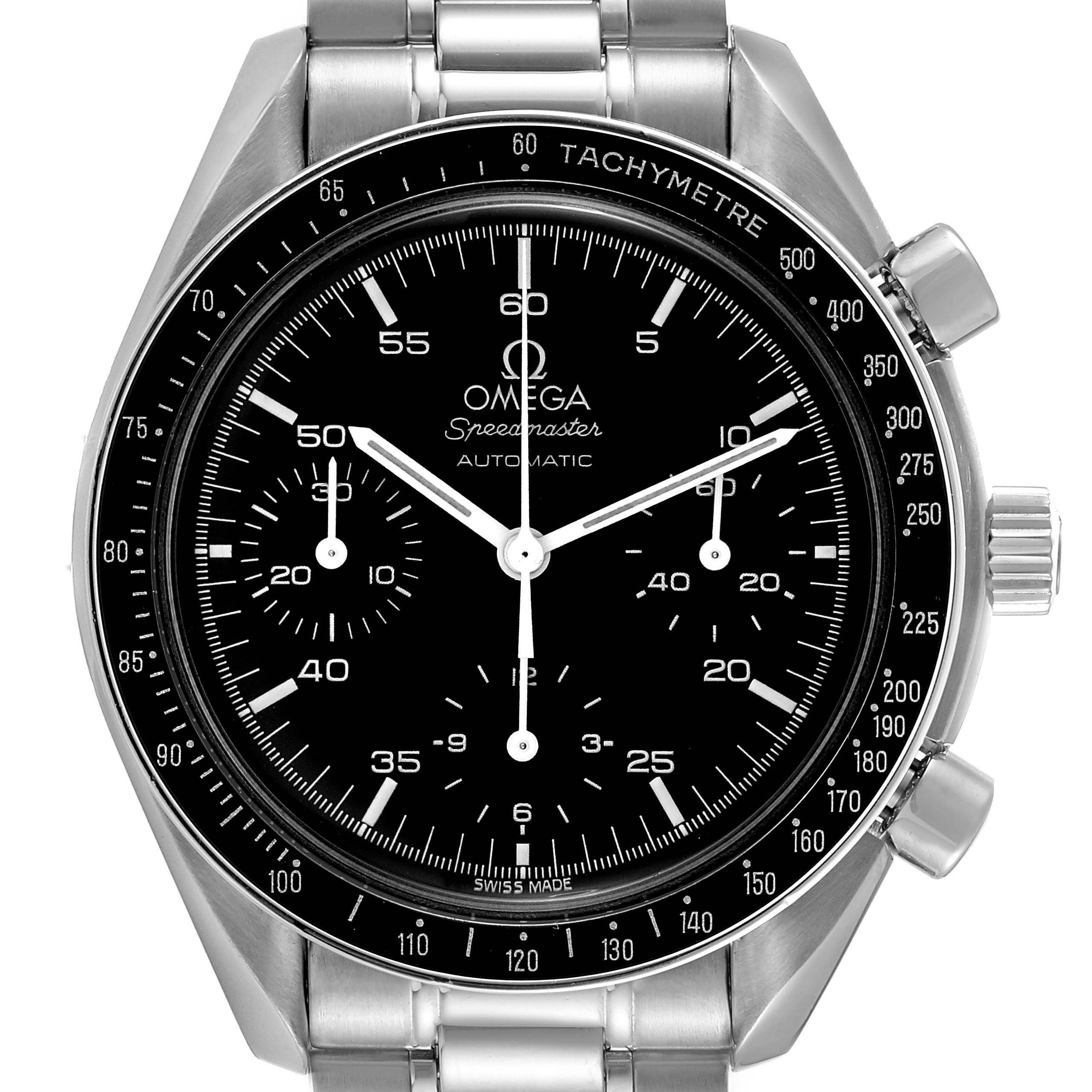 The image shows a front view of the Omega Speedmaster 3510.50.00 Men
s Stainless Steel Black Dial 3510.50.00 Men
s Stainless Steel Black Dial watch, displaying its face, bezel, and part of the bracelet.