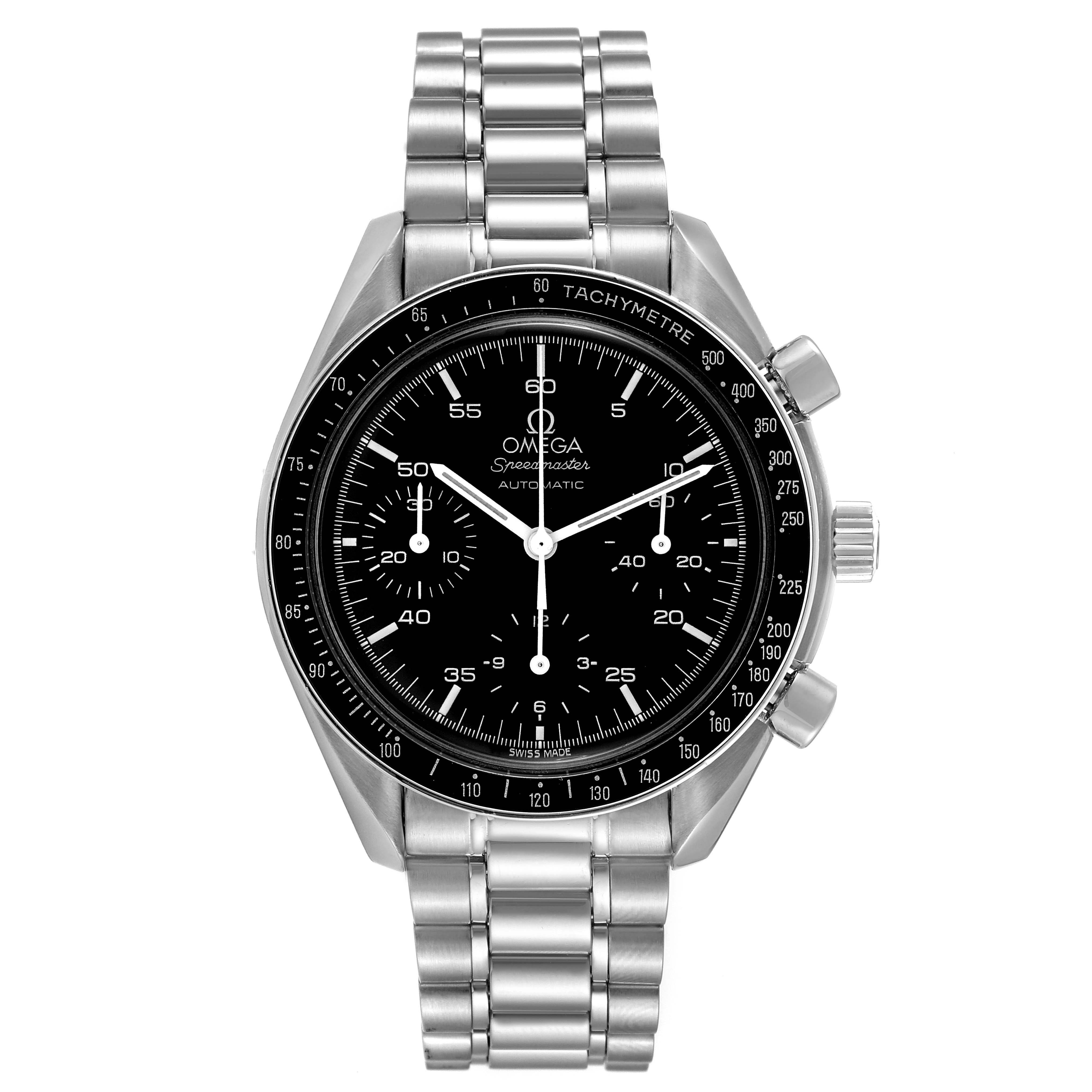 The Omega Speedmaster 3510.50.00 Men
s Stainless Steel Black Dial 3510.50.00 Men
s Stainless Steel Black Dial watch is shown from the front, displaying the face, bezel, and stainless steel bracelet.