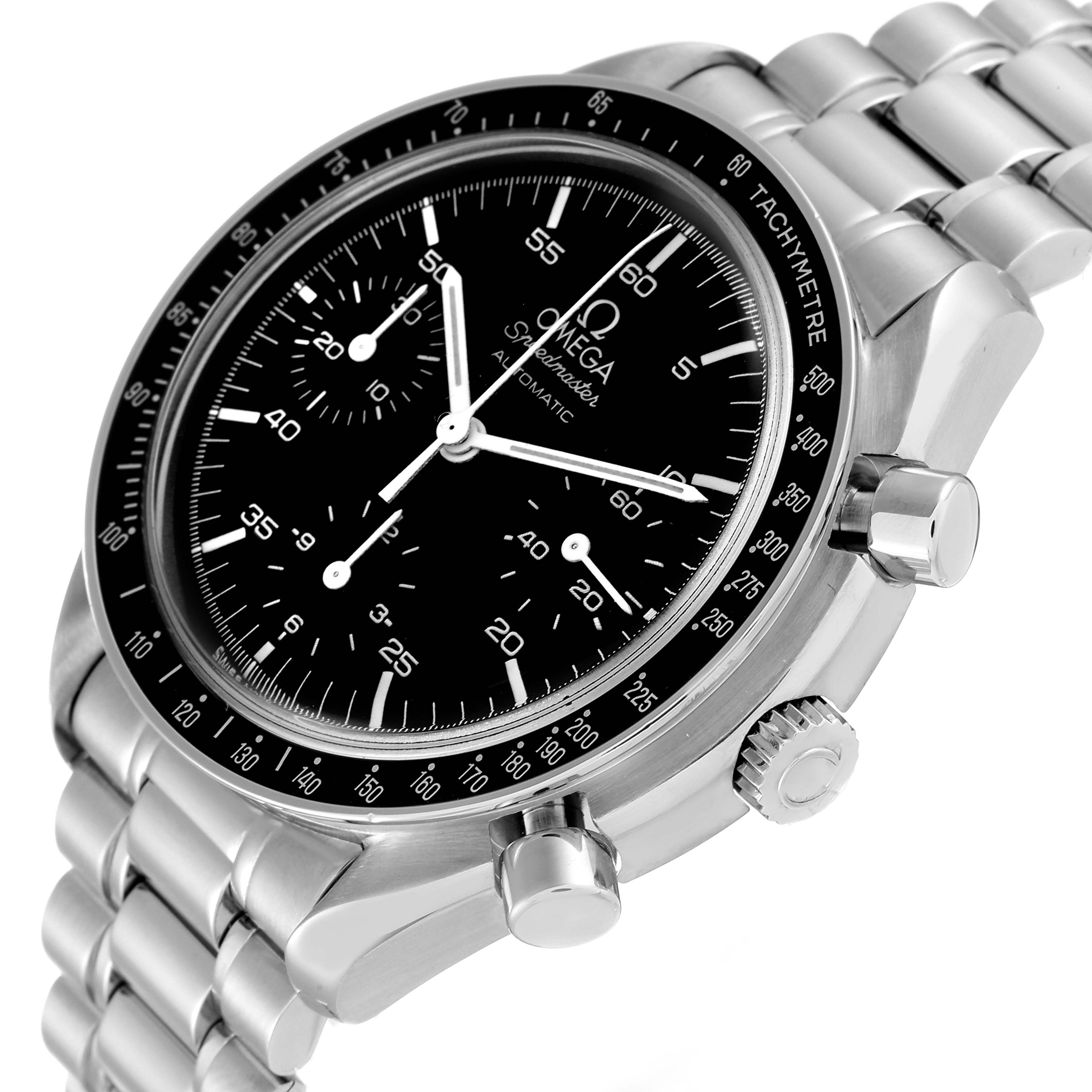 The image shows a close-up angled view of an Omega Speedmaster 3510.50.00 Men
s Stainless Steel Black Dial 3510.50.00 Men
s Stainless Steel Black Dial watch, highlighting its face, bezel, and stainless steel bracelet.